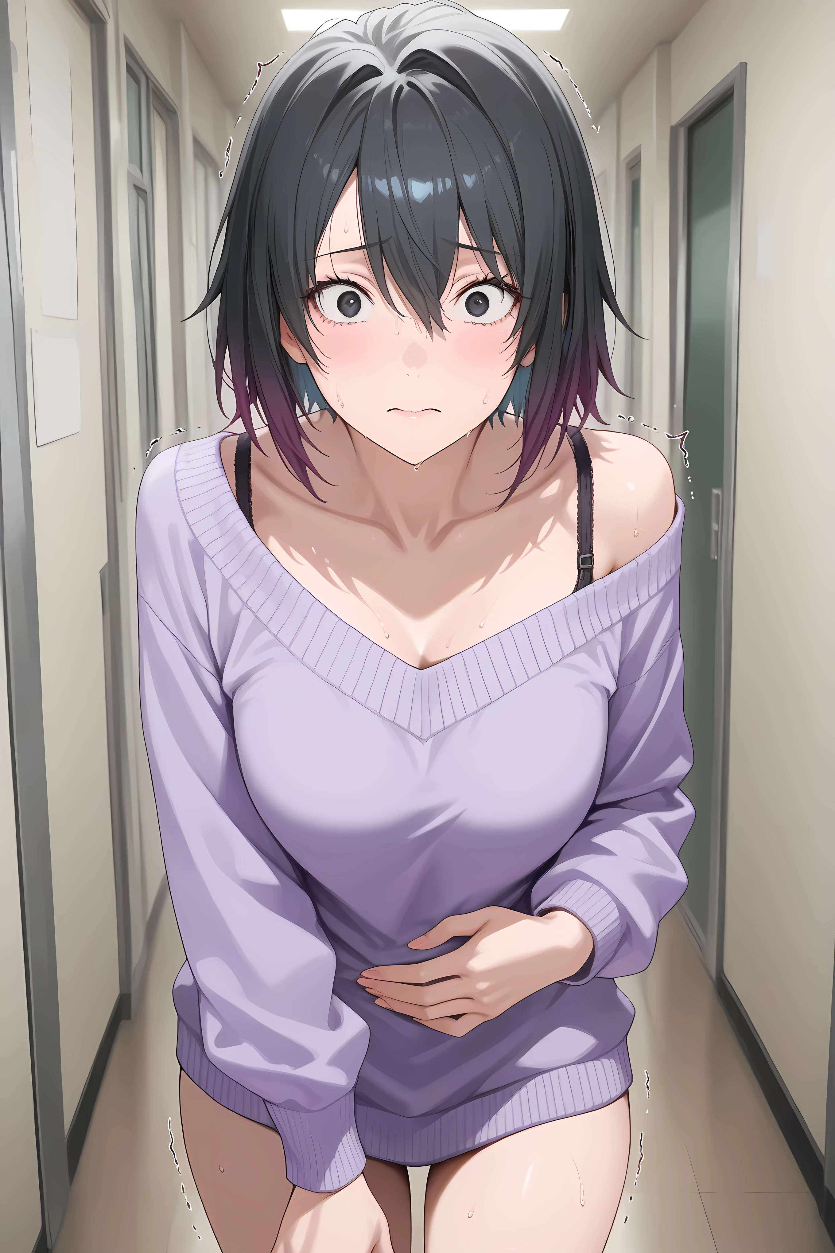 haruno yukinoshita, short hair, hair between eyes, black eyes, black hair, gradient hair, two-tone hair,,sweater, off shoulder, bra strap, purple sweater, long sleeves, collarbone, half body shot, 

 Solo, general, masterpiece, highres, ultra-detailed, hyper-detailed, best quality,  amazing quality, very aesthetic, best hands, best eyes, best hand
adult woman, 1woman, hand on own stomach, sweat,  leaning forward, nervous, scared, trembling legs, school hallway
