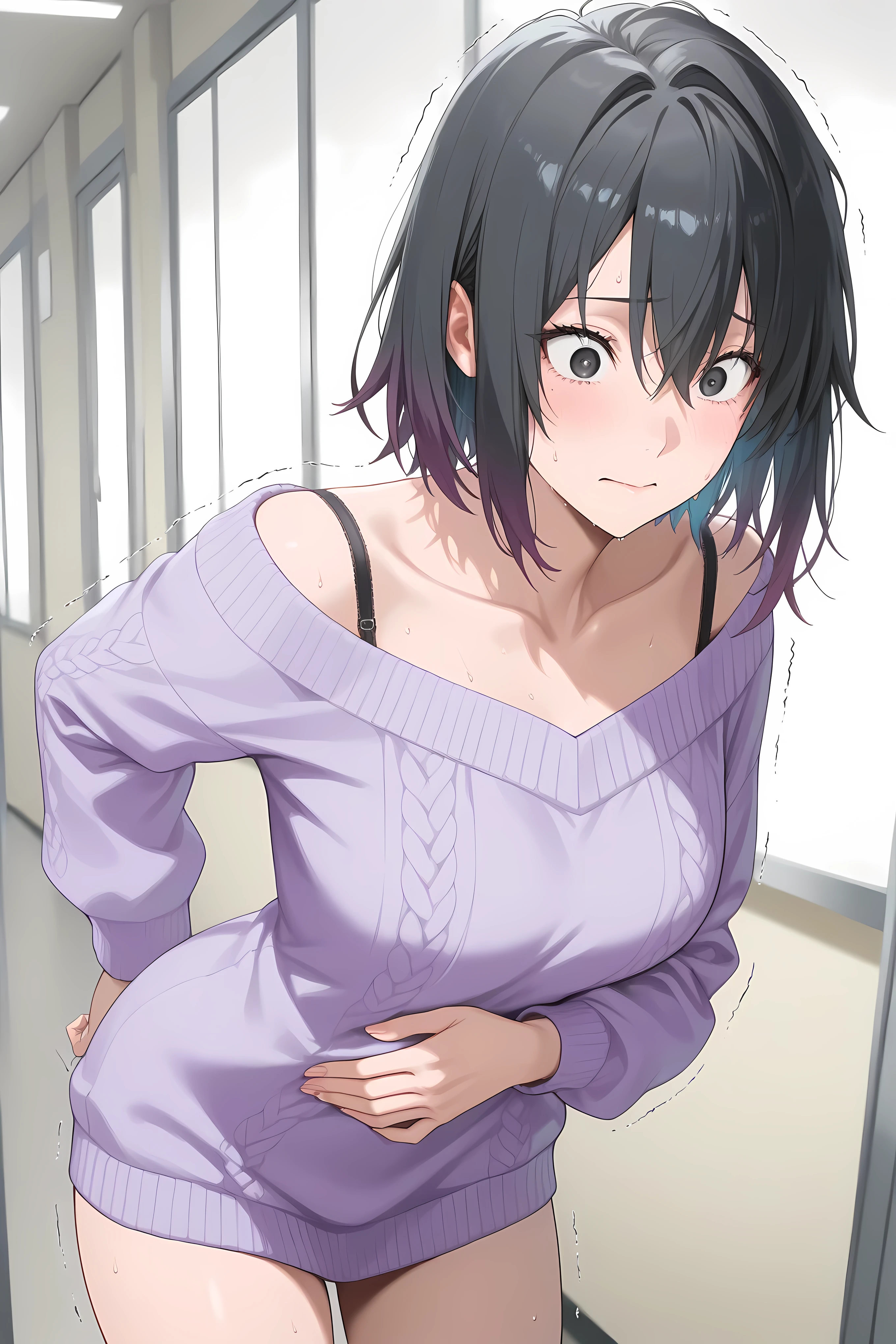 haruno yukinoshita, short hair, hair between eyes, black eyes, black hair, gradient hair, two-tone hair,,sweater, off shoulder, bra strap, purple sweater, long sleeves, collarbone, half body shot, 

 Solo, general, masterpiece, highres, ultra-detailed, hyper-detailed, best quality,  amazing quality, very aesthetic, best hands, best eyes, best hand
adult woman, 1woman, hand on own stomach, sweat,  leaning forward, nervous, scared, trembling legs, school hallway
