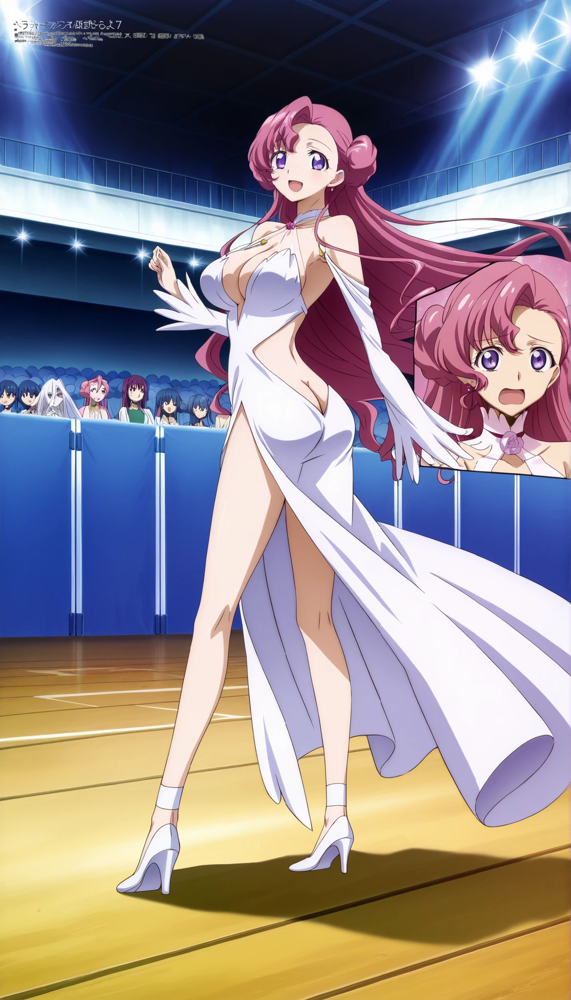 score_9, score_8_up, score_7_up,anime_screenshot,OFFICIAL ART,anime coloring, Balanced upper and lower body structure,masterpiece, Highest Quality, Amazing Quality, uncensored,megami magazine,BREAK, euphemia li britannia, pink hair, long hair, purple eyes, double bun, large breasts, cleavage, BREAK,(luxurious see-though white slender ankle length dress, halter-neck dress,open chest dress,cleavage,back open,butt crack,deep side slit),BREAK,standing, BREAK,smile, open mouth,BREAK,looking at viewer, from fromt,full body,background dance room