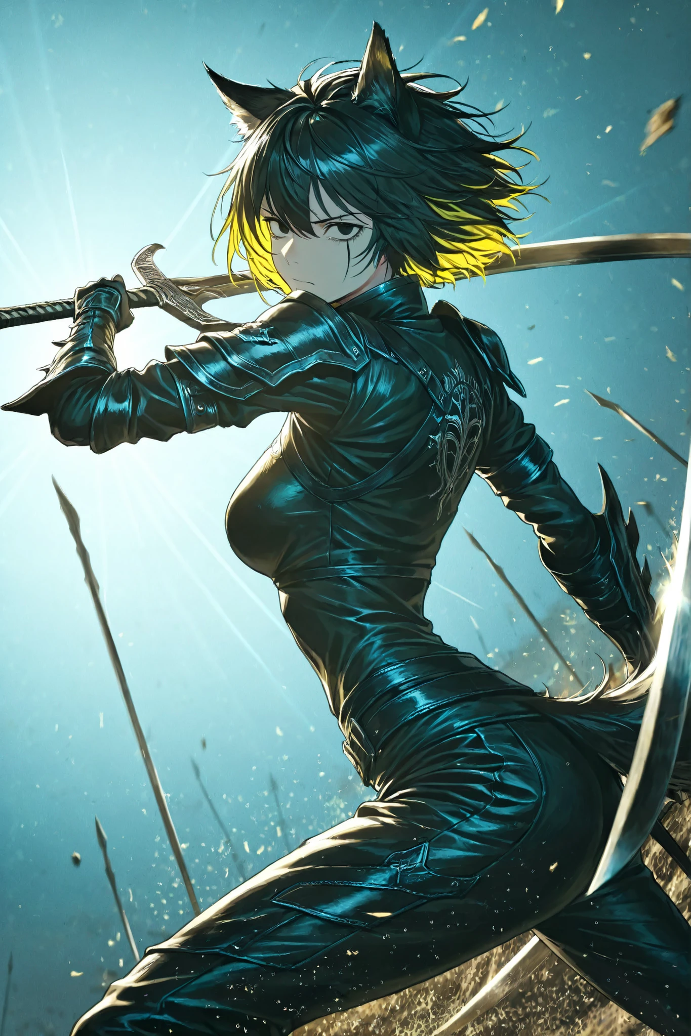 mad-neonbody,(lappland:0.85),multicolored hair, black hair, yellow hair, black eyes, short hair,BinahPM,partially, two-tone lighting, (looking at viewer, side shot:0.72), dynamic shot, dynamic pose, warrior, (medium shot, three quarter shot:1.1), (1girl:0.35), solo, masterpiece, best quality, amazing quality, very aesthetic, high resolution, ultra-detailed, curved swords, mantis blades, elbow blade, wolf girl, wolf ears, 