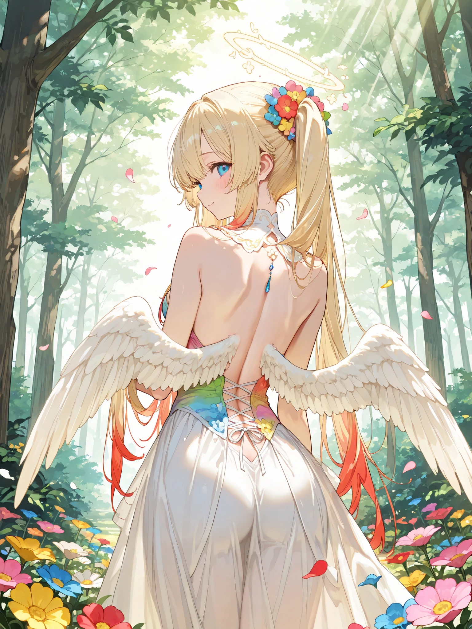 cute,748cmstyle,(masterpiece:1.2, Highest Quality), (Beautiful Detailed Eyes: 1.2), ((1 beautiful girl)), (very detailed CG, Super Detailed), (very detailed and beautiful:1.1), (perfect details:1.1), (white angel wings growing from her back:1.2), (from behind, Looking Back:1.2),1 girl, A girl is standing in front of a tree, blonde with twin tails and red hairpins, viewers, chest, (cuteパステルカラーの服), happy expression, Colorful Flowers, fluttering petals, forest,  rich nature, Dramatic, the sunlight is shining in,