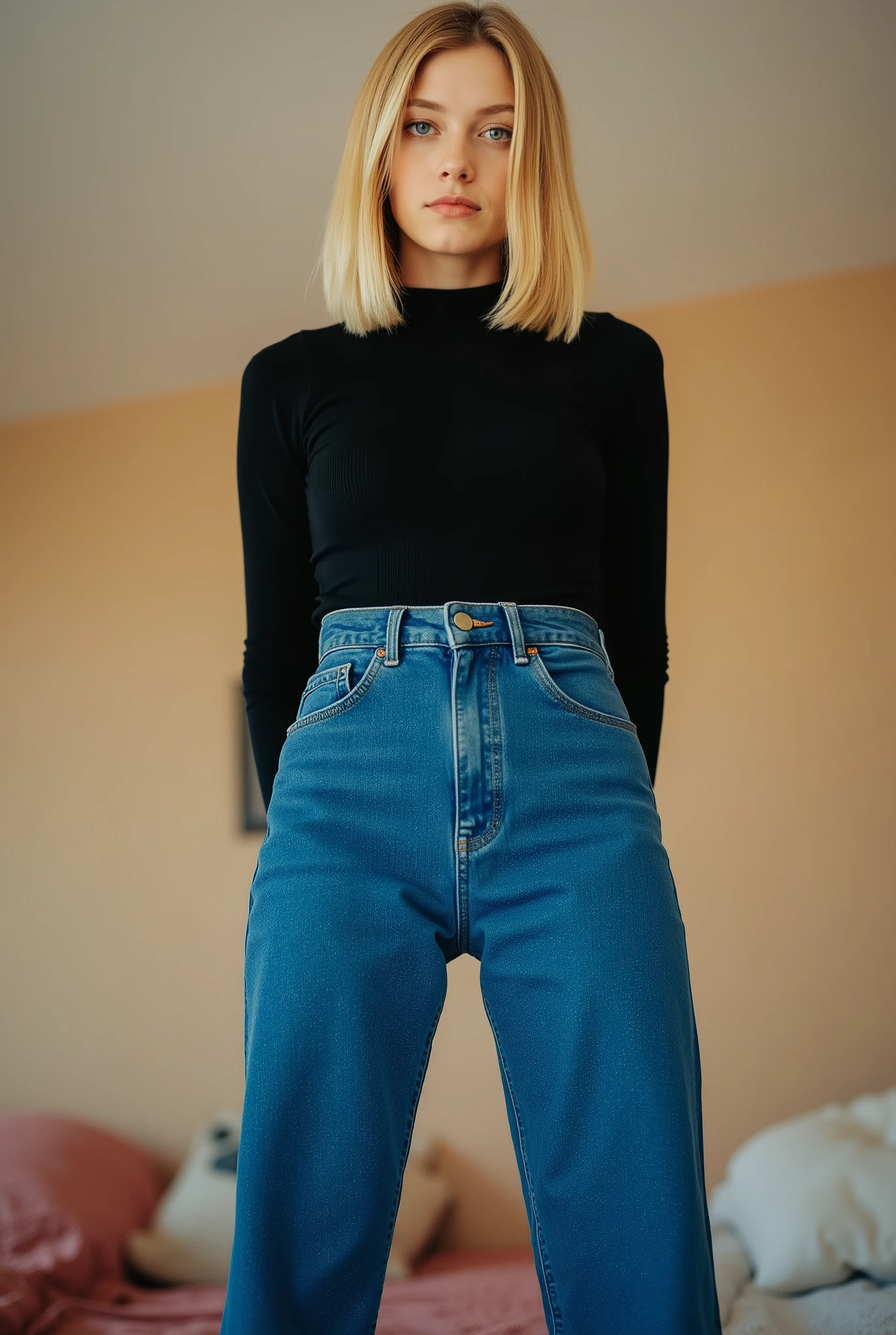 tgnd,exceptionally tall young adult woman, youthful, towering above viewer, girl next door vibes, blonde hair, straight mid-length bob, middle part, no makeup, vivid striking blue eyes, tight form-fitting fine ribbed black longsleeve crew-neck top, tucked into high-waisted blue denim jeans, jeans in strong vivid blue color, fitted at waist and , straight wide legs, dominant confident standing pose, , shoulders squared, arms relaxed with presence, commanding expression, strict gaze, looking directly at viewer, youthful bedroom interior, low camera angle, full body shot, photorealistic, high detail, realistic lighting, cinematic atmosphere