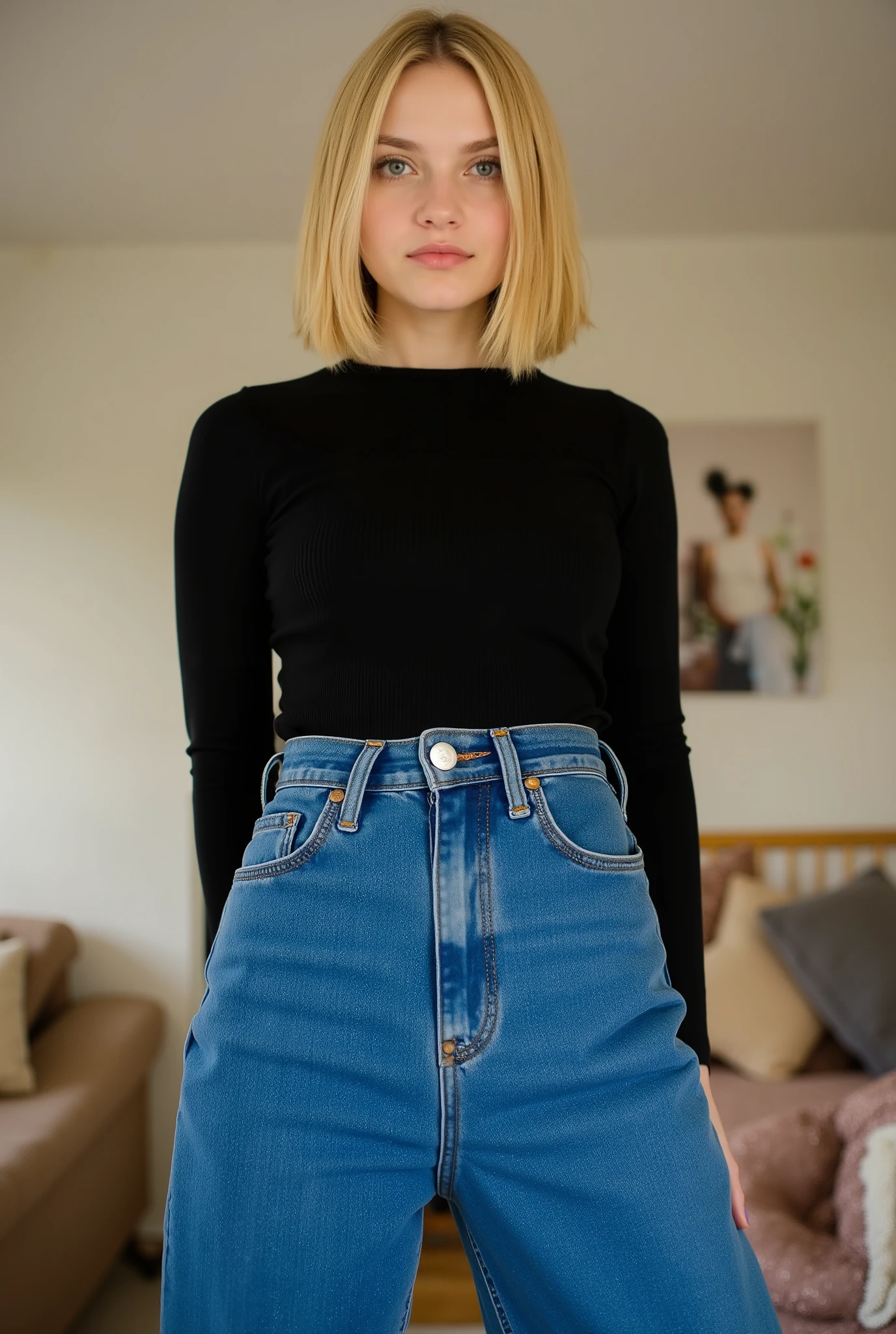 tgnd,exceptionally tall young adult woman, youthful, towering above viewer, girl next door vibes, blonde hair, straight mid-length bob, middle part, no makeup, vivid striking blue eyes, tight form-fitting fine ribbed black longsleeve crew-neck top, tucked into high-waisted blue denim jeans, jeans in strong vivid blue color, fitted at waist and , straight wide legs, dominant confident standing pose, , shoulders squared, arms relaxed with presence, commanding expression, strict gaze, looking directly at viewer, youthful bedroom interior, low camera angle, full body shot, photorealistic, high detail, realistic lighting, cinematic atmosphere
