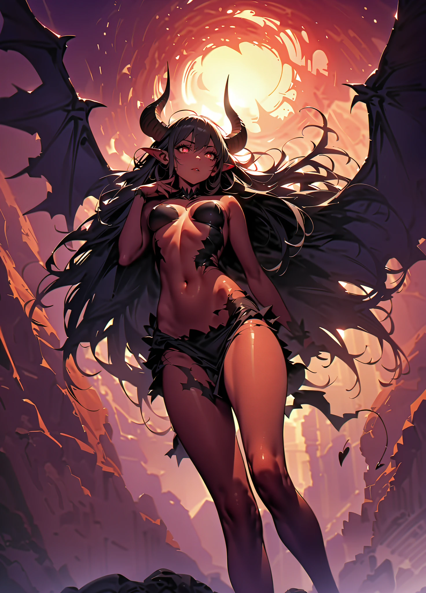 masterpiece, best quality, highres illustration, detailed face, 1girls, solo, a succubus hovering over a desolate dry land made up of sharp jagged mountains fire and dust, hovering, slightly muscular, partial , large glowing red eyes, jet black flowing hair, beautiful yet slightly demonic face, perfect body, , two large torn wings, wings are folded in, looking at view, large curved horns, pointed ears, dark and foggy background, heavy contrast, gesture , slight low camera angle, looking up at character, semi realistic, masterpiece, movie production, wearing old tattered cloth, demon tail, sensual pose, saturated red skin, dry skin slightly flaking, black veins, the land is covered in the petrified remains of the dead