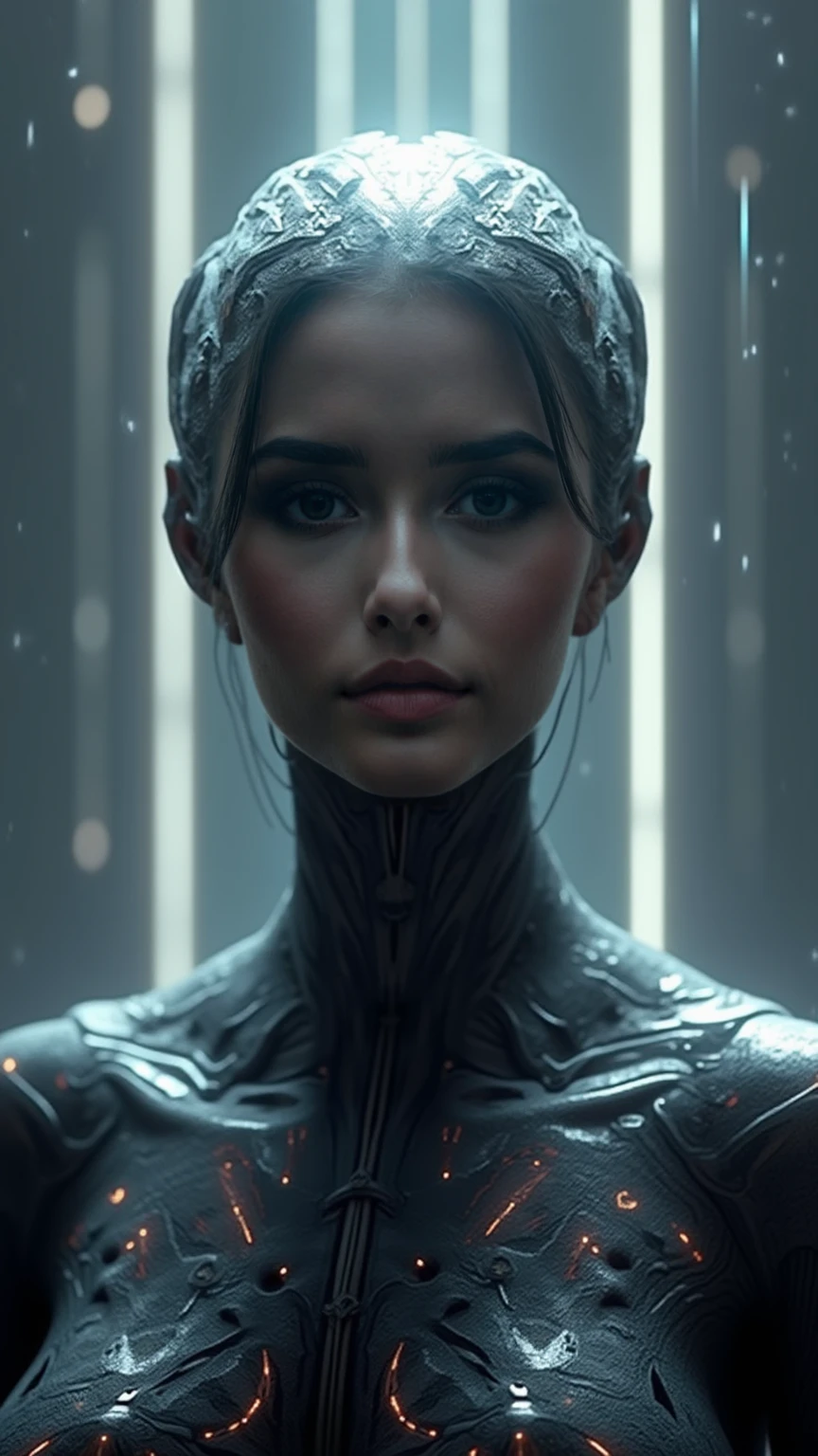 woman in headdress, full length, , very detailed visual portrait, futuristic робототехник, nice,  extremely detailed shot of the goddess, beautiful cyborg girl, Jason Angle, keyframe, anthropomorphic _ Humanoid, futuristic, realistic and high quality. With a good and  figure and look 