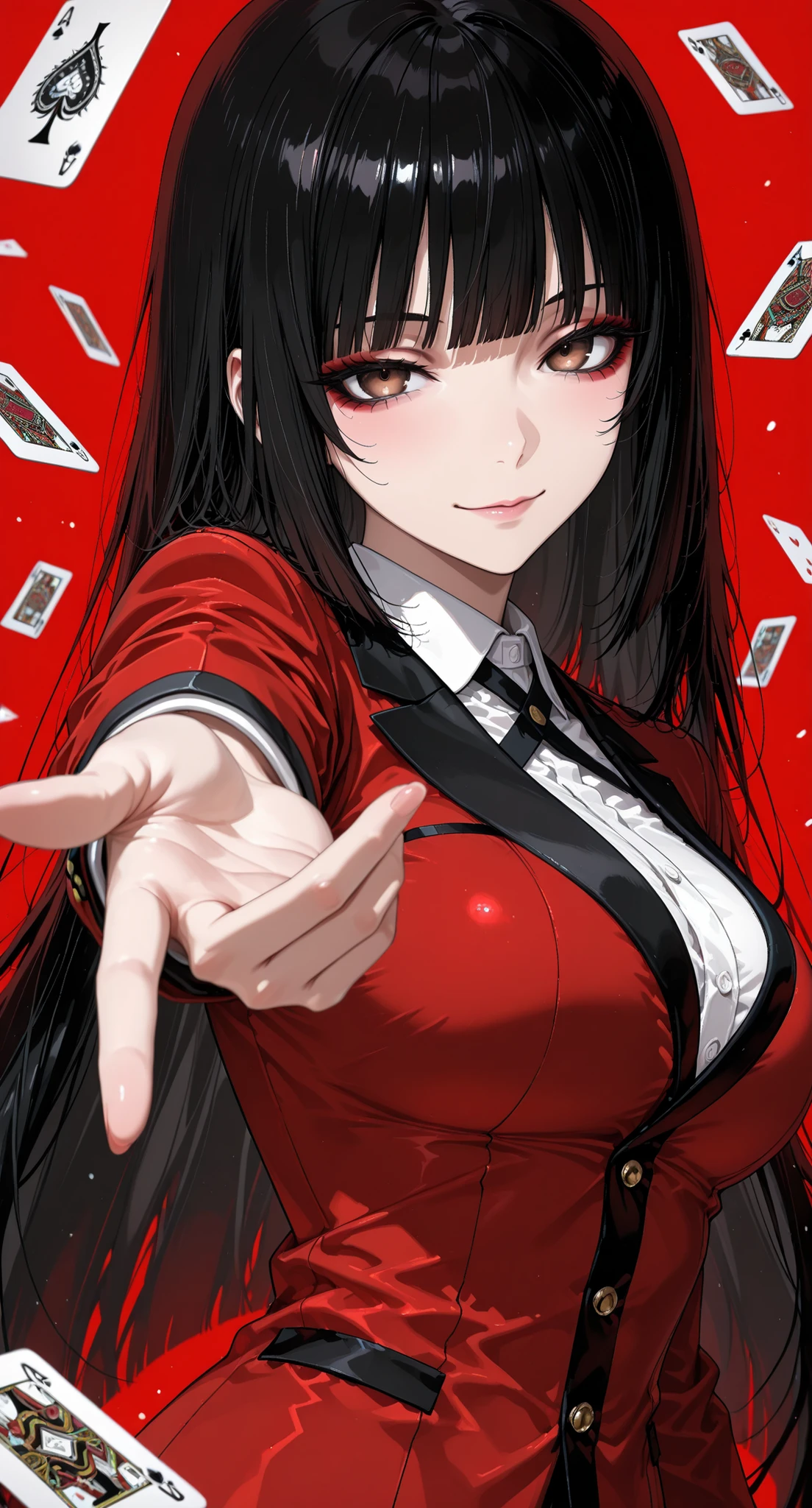1girl, solo, kakegurui, jabami yumeko, black hair, hime cut, long sidelocks, bangs, brown eyes, detailed eyes, red eyeshadow, school uniform, red blazer, white shirt, gold buttons, black necktie, reaching out, reaching towards viewer, dramatic pose, throwing cards, playing cards, floating cards, ace of hearts, ace of spades, ace of diamonds, perspective distortion, close-up hand, hand focus, confident expression, seductive look, looking at viewer, slight smile, red background, motion blur, shallow depth of field, blurred background, masterpiece,best quality,amazing quality,very aesthetic,absurdres,newest, anime coloring, flat colort,