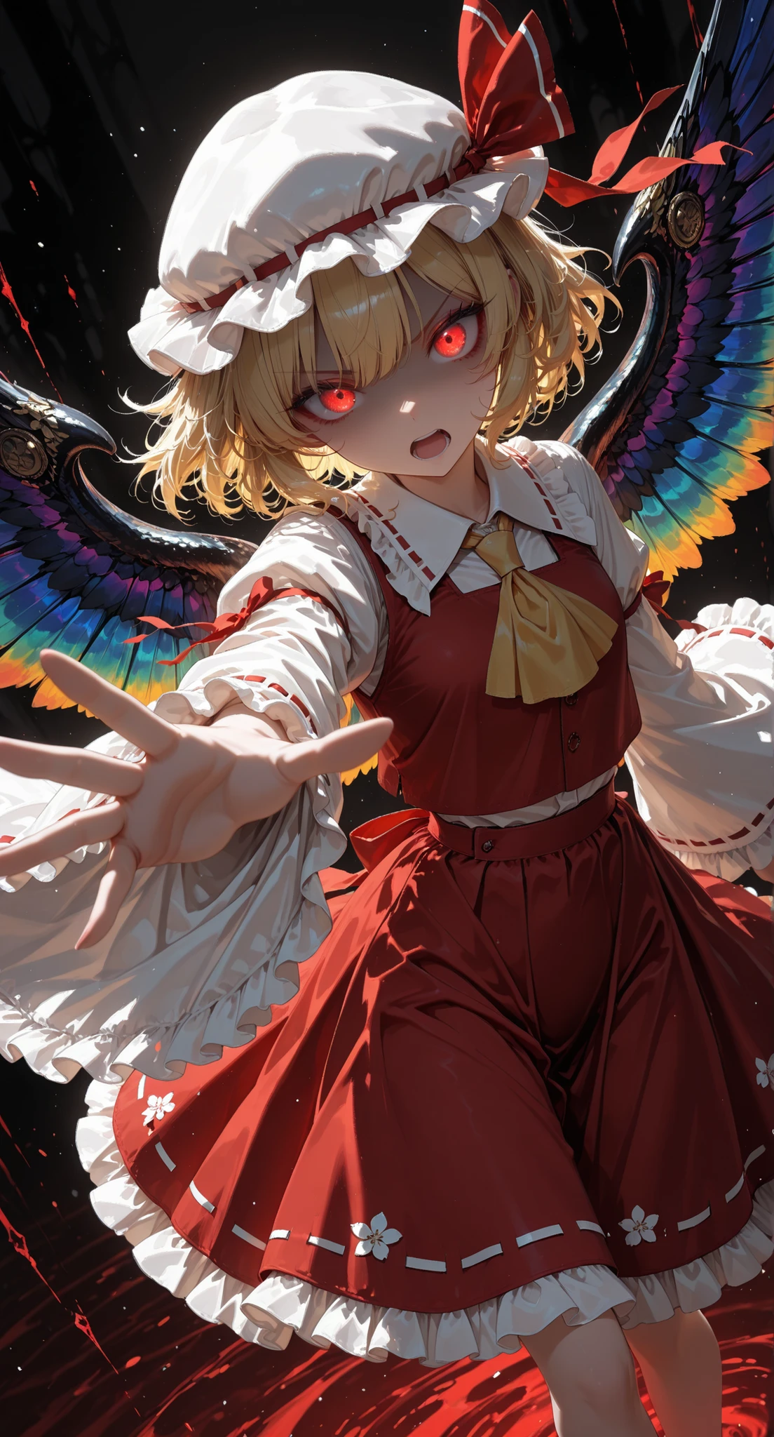 masterpiece,best quality,1girl,solo,film grain,depth of field,collared shirt,short hair,frills,yellow ascot,petticoat,outstretched hand,red eyes,ascot,dutch angle,long sleeves,foreshortening,ribbon-trimmed headwear,feet out of frame,mob cap,glowing eye,from above,closed mouth,wings,ribbon trim,wide sleeves,white shirt,looking at viewer,blurry,outstretched arm,skirt,light particles,multicolored wings,skirt set,v-shaped eyebrows,frilled sleeves,shirt,glowing eyes,red vest,red skirt,white hat,shade,hat,hat ribbon,shaded face,vest,glowing,blonde hair,
