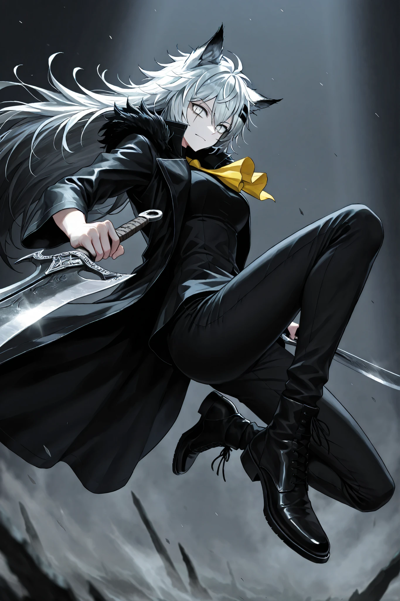 BinahLOR, black dress, yellow ascot, black pants, black footwear, black coat, open coat, fur trim,mad-neonbody,(lappland:0.85),multicolored hair, BinahPM,partially, two-tone lighting, (looking at viewer, side shot:0.72), dynamic shot, dynamic pose, warrior, (medium shot, three quarter shot:1.1), (1girl:0.35), solo, masterpiece, best quality, amazing quality, very aesthetic, high resolution, ultra-detailed, curved swords, mantis blades, elbow blade, wolf girl, wolf ears,