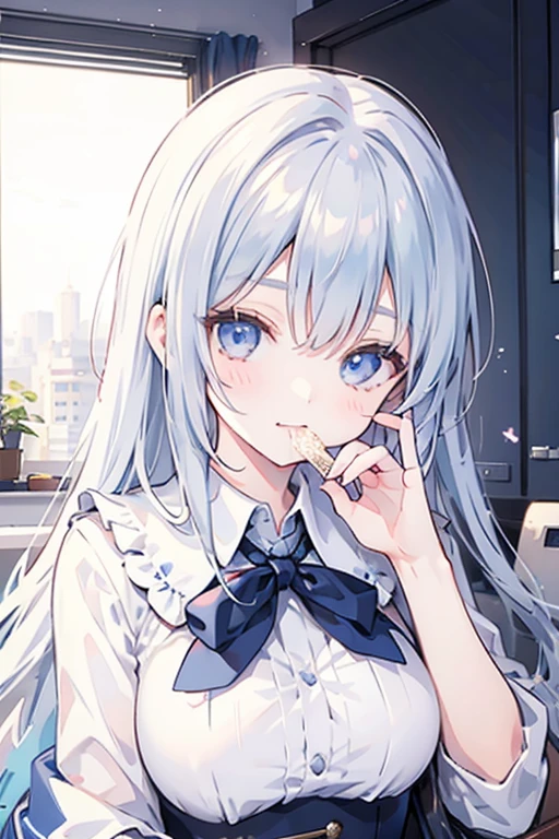 From above, (Squint your eyes:1.2), close, One Girl, blush, sit, ,beautiful girl,Wear a uniform, Light blue skirt, Anime move,Two Side Up、(Gloss Lip)、Thick lips