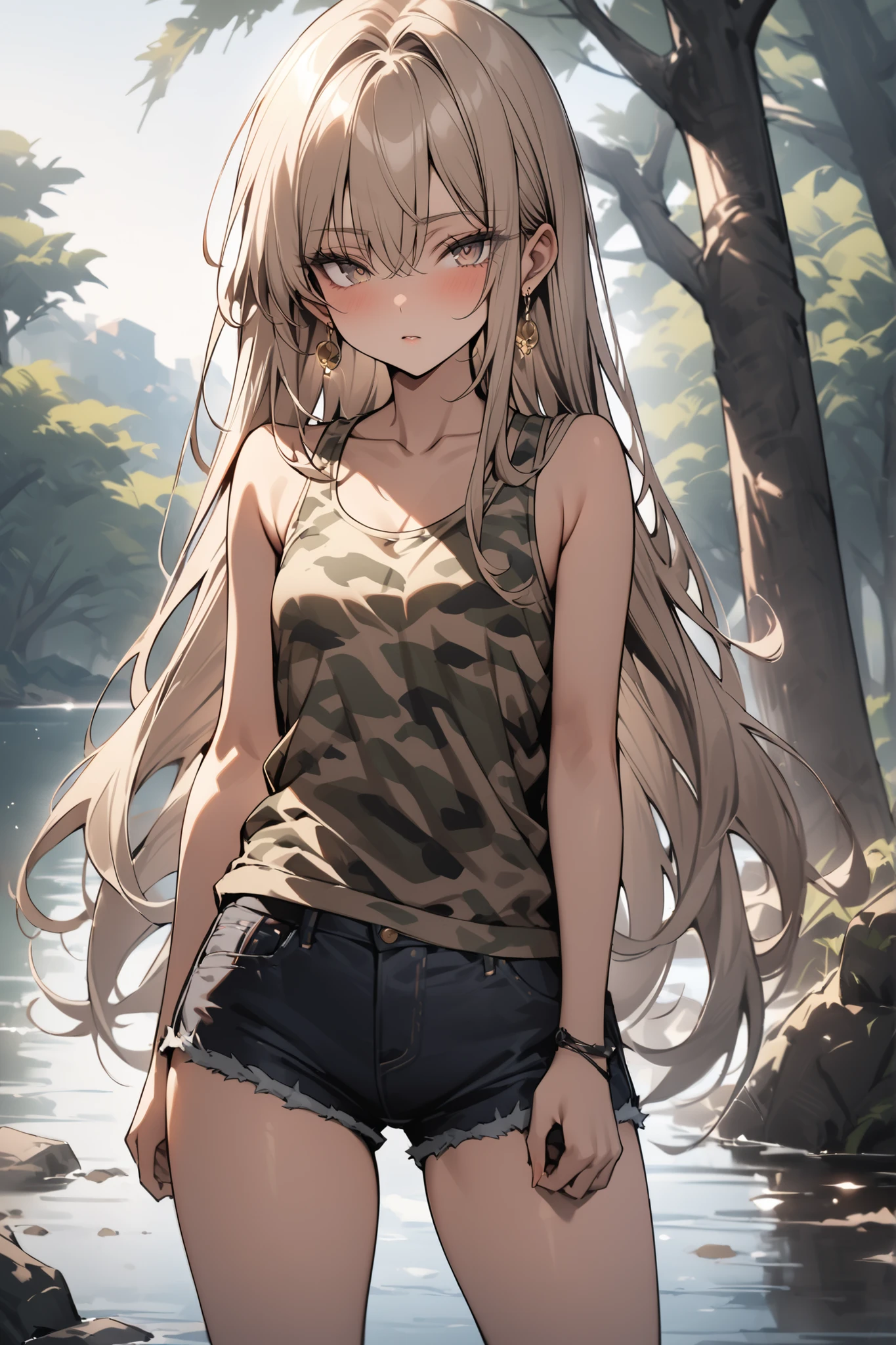 ((masterpiece,Highest Quality:1.2)),(soro),slender,A junior high school girl standing up at the lake and staring at me,cowboy shot,beautiful skin,(Thin thighs),(healthy tanned skin),light brown very long straight hair,Perfect brown eyes , tree eyes ,No expression,Camouflage Tank Top,black denim shorts,Gold Earrings