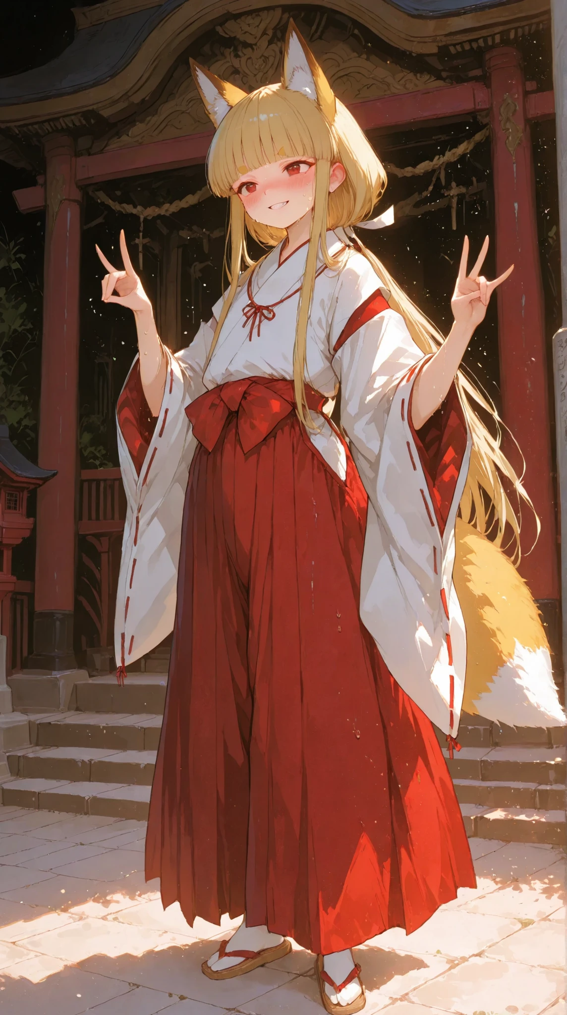 very long hair, blunt bangs, sidelocks, hime cut,,hair ribbon, long hair, blunt bangs, sidelocks, low ponytail,,kikyoinu,, brown eyes,,melkor_style,杰出作品,轻微写实, 优质非凡, 非常美观, 超高分辨率, 高分辨率,动漫风格...................（ Latest, Scenery, Volume Lighting, Written Depth, (1 Girl)), 1 Girl, Long Hair, Blonde, I can see my forehead, beautiful forehead, red eyes, short eyebrows, fox ears, fox tail, short stack, shrine maiden outfit, shrine maiden, red hakama, primary school pupil, flat chest, glossy skin, youthful face, toothy grin, (), ((blushing)), sweat, full body, facial gaze, 5 anatomically precise fingers, full body, standing, hands in a peace sign gesture