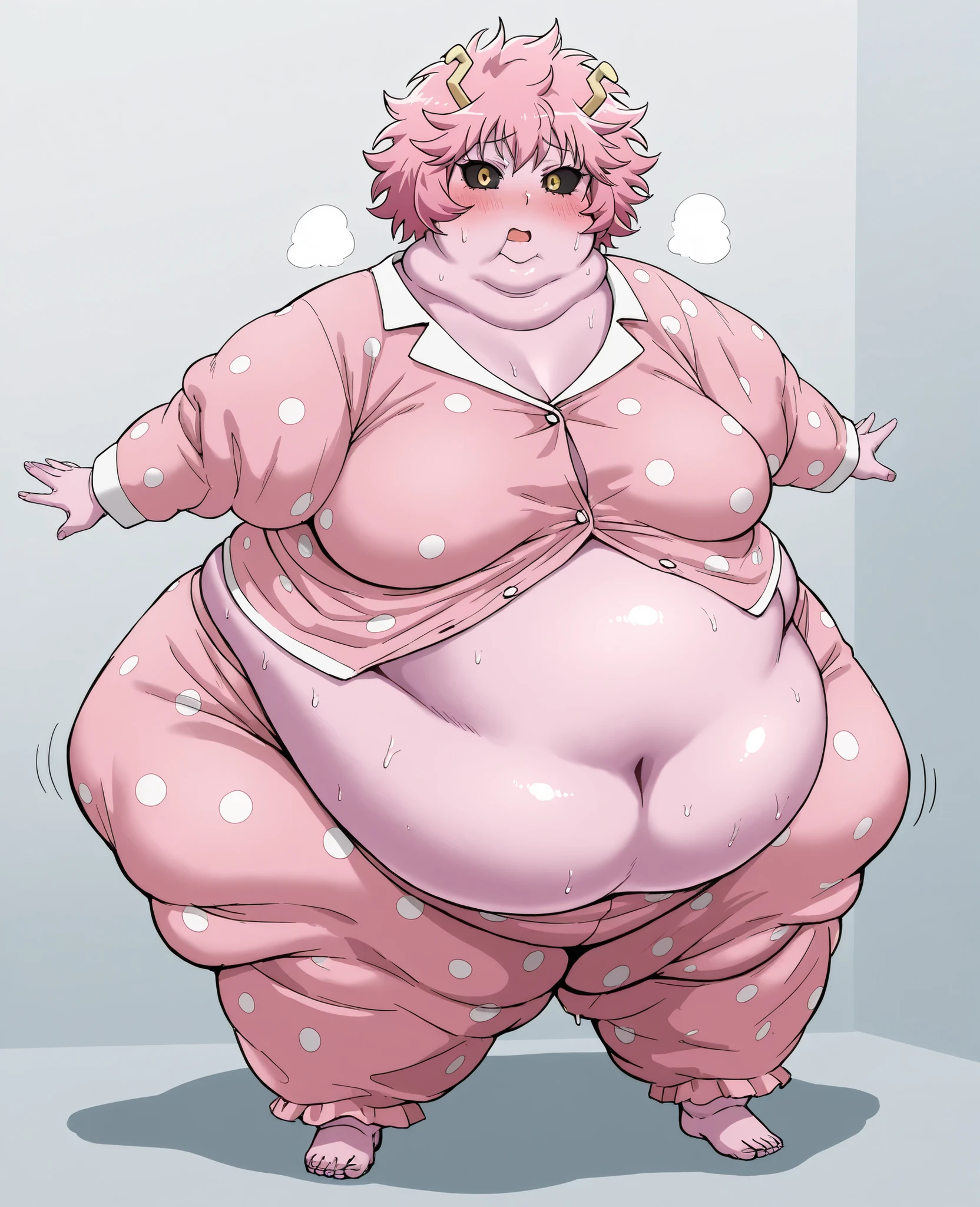 masterpiece, best quality, solo, 1girl, score_9, score_8_up,score_7_up BREAK, 1girl, solo, chubby, fat, very fat, obese, obese arms and legs, sloppy stomach, saggy round breasts, fat face, fupa, double chin, plump, thick thighs, thigh, morbidly obese, immobile, blush, sweaty, sweaty hair, blushing, mina ashido, short hair, medium breasts, yellow eyes, pink hair, horns, colored skin, colored sclera, black sclera, pink skin , button up pajamas, open mouth sweating, full body shot, gigantic arms and legs, out of breath, standing, side view, looking at the viewer, swollen face, Fat_neck , Fat head , eyes with crushed cheeks , nose with crushed cheeks , mouth with crushed cheeks , chin roll