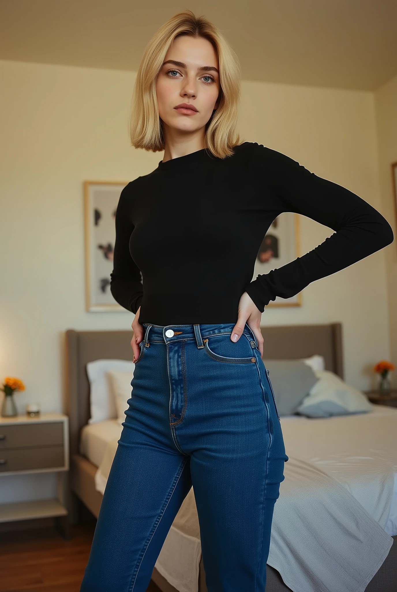 j7l14,tgnd,tgnd,exceptionally tall young adult woman, youthful, towering above viewer, girl next door vibes, blonde hair, straight mid-length bob, middle part, no makeup, vivid striking blue eyes, tight form-fitting fine ribbed black longsleeve crew-neck top, tucked into high-waisted blue denim jeans, jeans in strong vivid blue color, fitted at waist and , straight wide legs, dominant confident standing pose, , shoulders squared, hsnds on her waist, commanding expression, strict gaze, looking directly at viewer, youthful bedroom interior, low camera angle, full body shot, photorealistic, high detail, realistic lighting, cinematic atmosphere