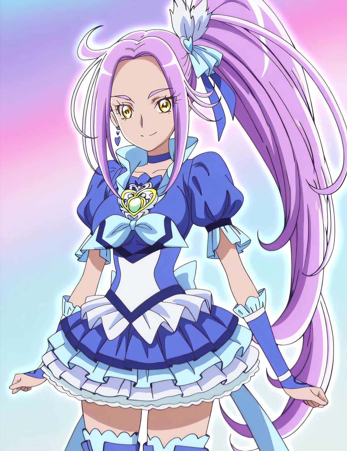 score 9 、score 8 up、score 7 up、source anime、傑作、best quality、best resolution、best image quality、Very detailed face、Very detailed eyes、very detailed、anime coloring、anime screencap、anime screenshot、official style、1girl、cure beat、female character is wearing a blue dress、beefcake standing、purple hair、side ponytail hair、high side ponytail hair、very long hair、parted bangs、アホ毛、yellow eyes、eyelash、shiny hair、 hair pin、hair bow、earrings、solo、zodiac girl knight、magical girl、portrait zodiac girl knight、long legs、big breasts、covered breasts、very large breasts、covered boobs、large boobs、tall girl、blue puffy short sleeves、frilled sleeves、bare thighs、blue mini skirt、frilled skirt、layered skirt、white mini skirt under the blue mini skirt、purple back bow、high cut skirt、purple neckwear、purple choker、jewelry、heart brooch、blue legwear、blue thighhighs、blue footwear、knee boots、heel boots、frilled dress、!!full body portrait!!、 magical girl style、cool beautiful、magical aura、the blue thunder aura、the pastel purple thunder aura、cool sexy、anime princess、official anime style、lewd anime style、official anime artwork、cure beat outfit、王女としての王様讃美歌、covered trapezius、biceps、biceps long head、biceps short head、triceps、triceps medial head、triceps lateral head、triceps long head、brachioradialis、covered deltoids、arm muscles、thigh muscles、covered semitendinosus muscles、covered adductor magnus muscles、cool smile、sexy smile、perfect body、perfect hands、perfect arms、perfect legs、looking at viewer、female focus、cowboy shot、beefcake style、blue background、pastel purple background、two tone background、gradient background、multicolored background、official art、