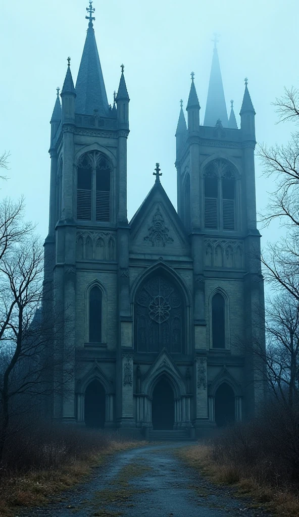 A beautiful, gothic church with imposing, frightening towers. The church is abandoned, but don't take away its beauty. A gothic church needs to convey a sense of isolation. Color: blue tone. Cold atmosphere.