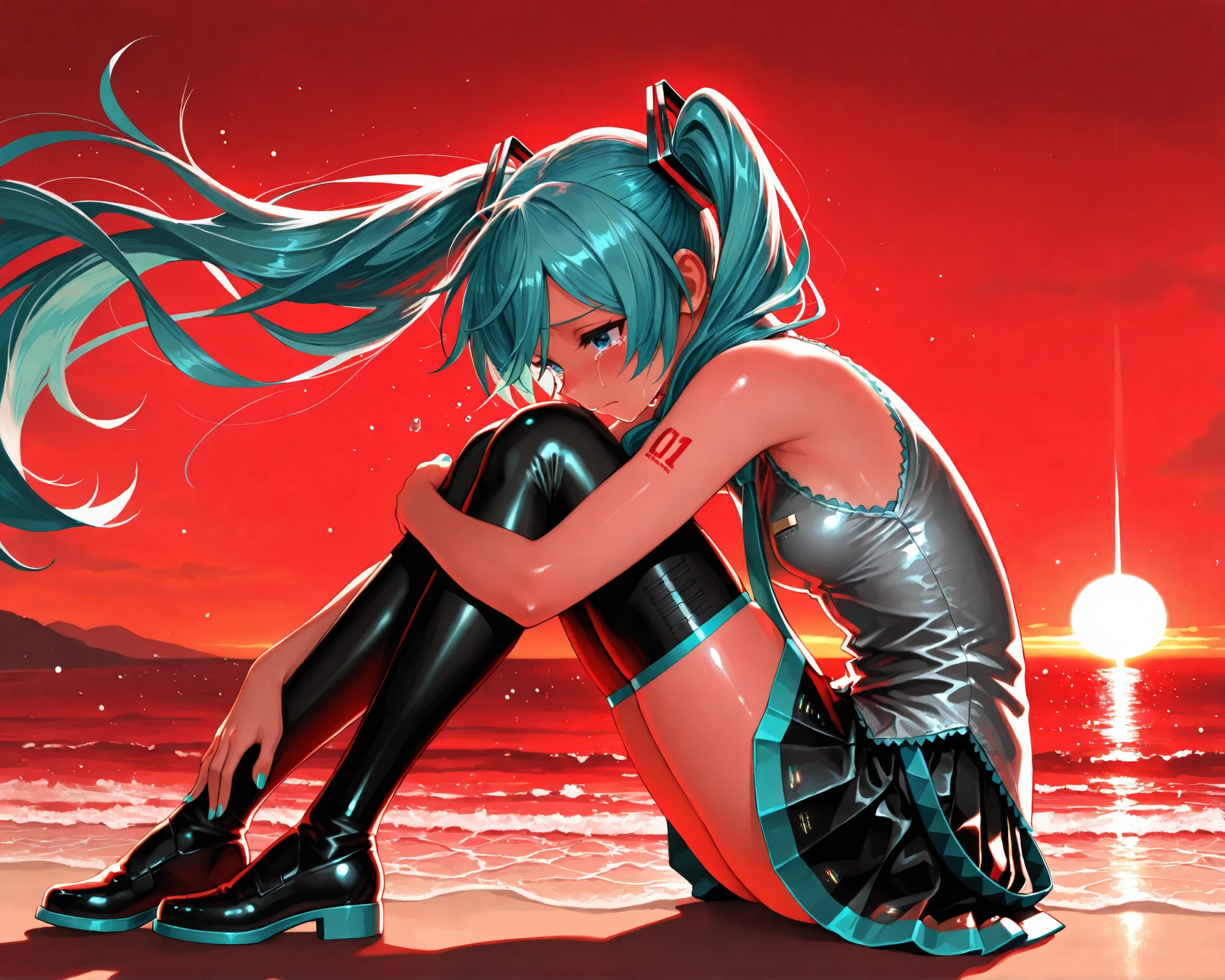 (best quality),(masterpiece),(8K),(high resolution), (super fine illustration), (ultra-detailed) , (beautiful-detailed), (beautiful eyes with attention to detail) , blue eyes, solo , girl , Hatsune Miku , turquoise hair , twin tails , sad, tears , sobbing , create perfect body lines , anatomically accurate drawing , hot body ,accurate fingers , red 01 tattoo on one upper arm , light effects , turquoise nails , small , grey sleeveless shirt , turquoise tie , black mini skirt , black pleated skirt , black thighhighs , break, shiny skin, sitting, hugging legs, outdoor , beach, sunset, red sky, dramatic shadows, red light particles, from side, caustics, (red theme), (wind),