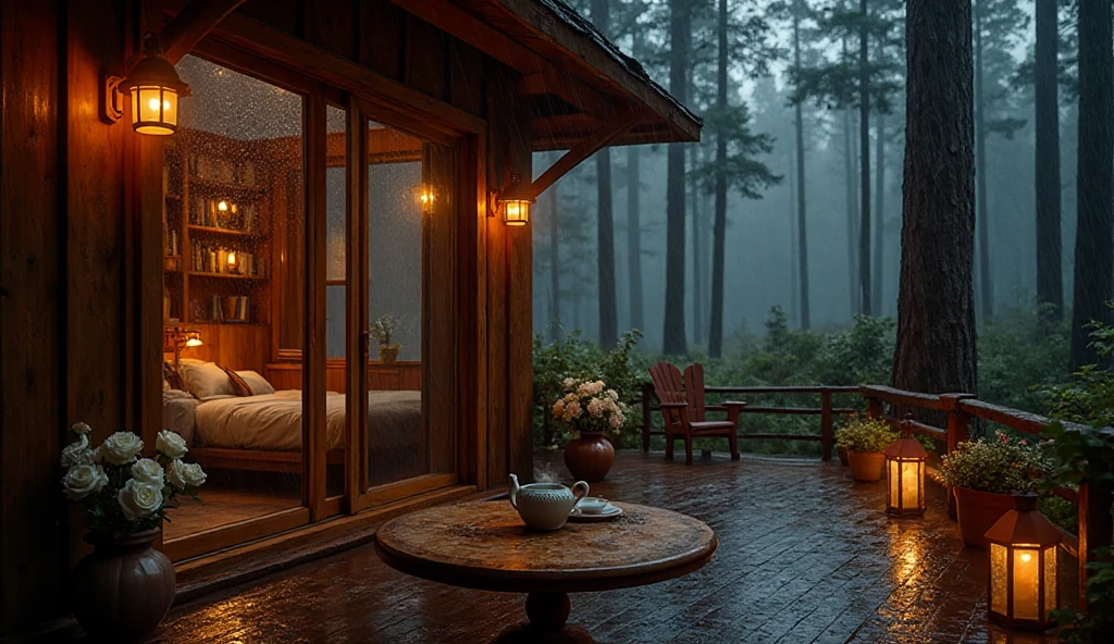 A cozy wooden cabin in the forest on a rainy night, warm lights glowing ...