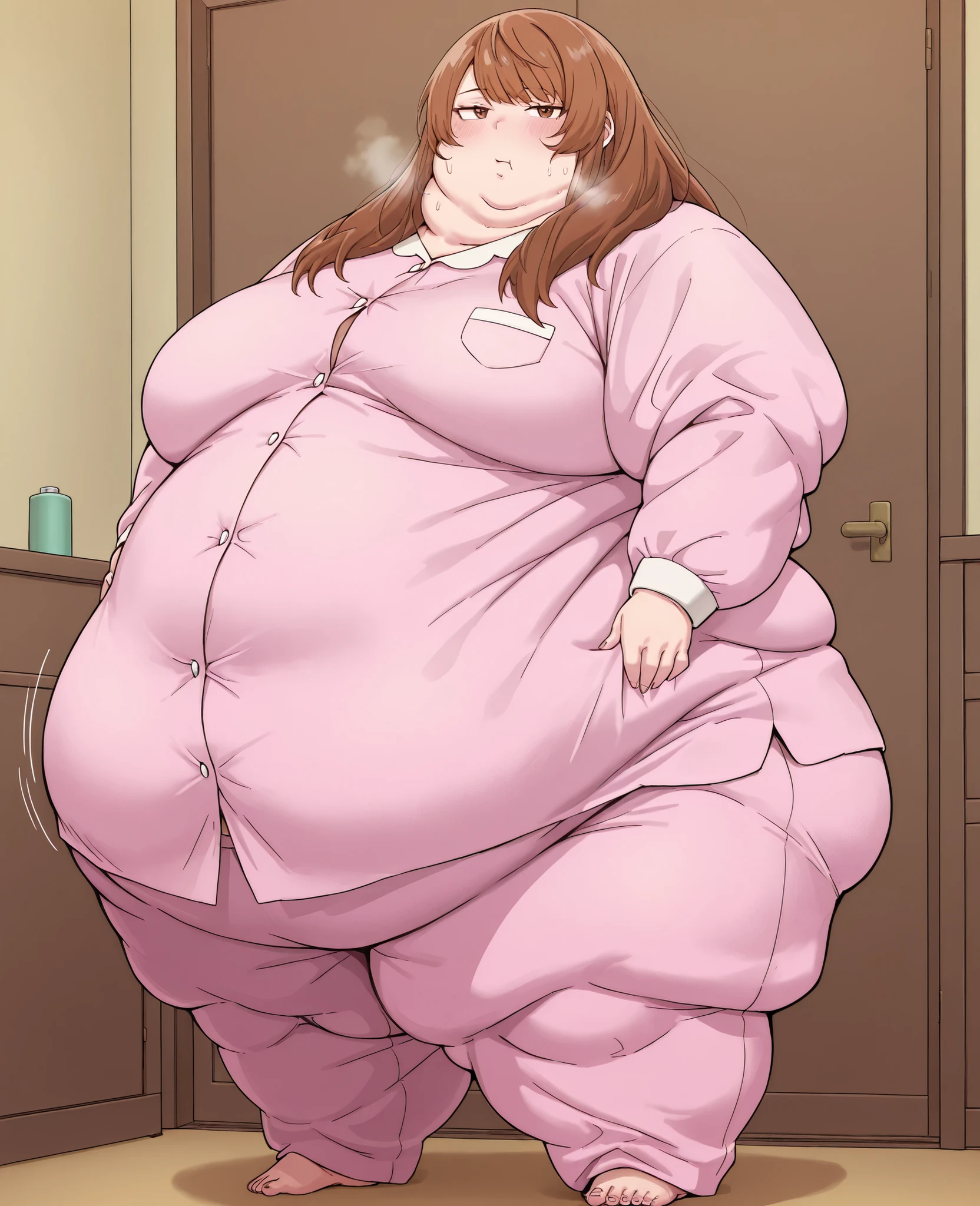 masterpiece, best quality, solo, 1girl, score_9, score_8_up,score_7_up BREAK, 1girl, solo, chubby, fat, very fat, obese, obese arms and legs, sloppy stomach, saggy round breasts, fat face, fupa, double chin, plump, thick thighs, thigh, morbidly obese, immobile, blush, sweaty, sweaty hair, blushing, KinuyoKa, brown eyes, brown hair, jitome, jitome eyes, bangs, hair over shoulders, swept trimmed bangs, KinuyoKa, brown eyes, brown hair, jitome, jitome eyes, bangs, hair over shoulders, swept trimmed bangs , button up pajamas, open mouth sweating, full body shot, gigantic arms and legs, out of breath, standing, side view, looking at the viewer, swollen face, Fat_neck , Fat head , eyes with crushed cheeks , nose with crushed cheeks , mouth with crushed cheeks , chin roll