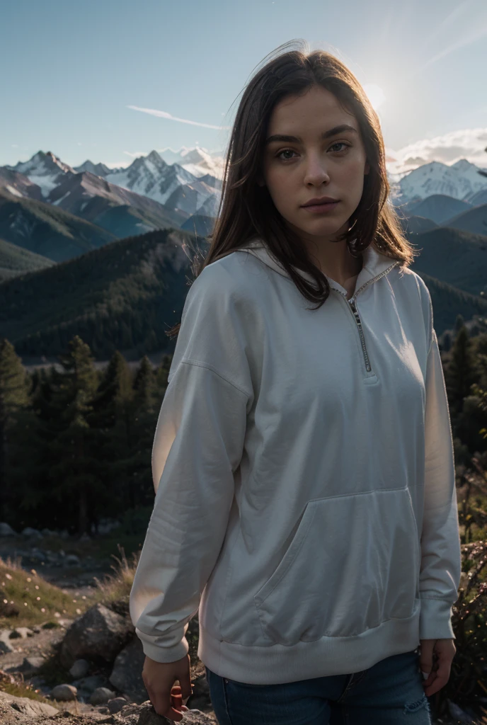 photorealistic, (best quality:1.2), (hyper detailed:1.2), beautiful woman sitting, wide arms, selfie photo, short white hair, upper body, solo, wearing whie plain sweatshirt, outdoors, (night), mountains, real life nature, stars, moon, (cheerful, happy), sleeping bag, gloves, sweater, beanie, flashlight, forest, rocks, river, wood, smoke, fog, clear sky, analog style, looking at viewer, skin texture, film grain, close up, ultra high res, best shadow, RAW, instagram LUT
