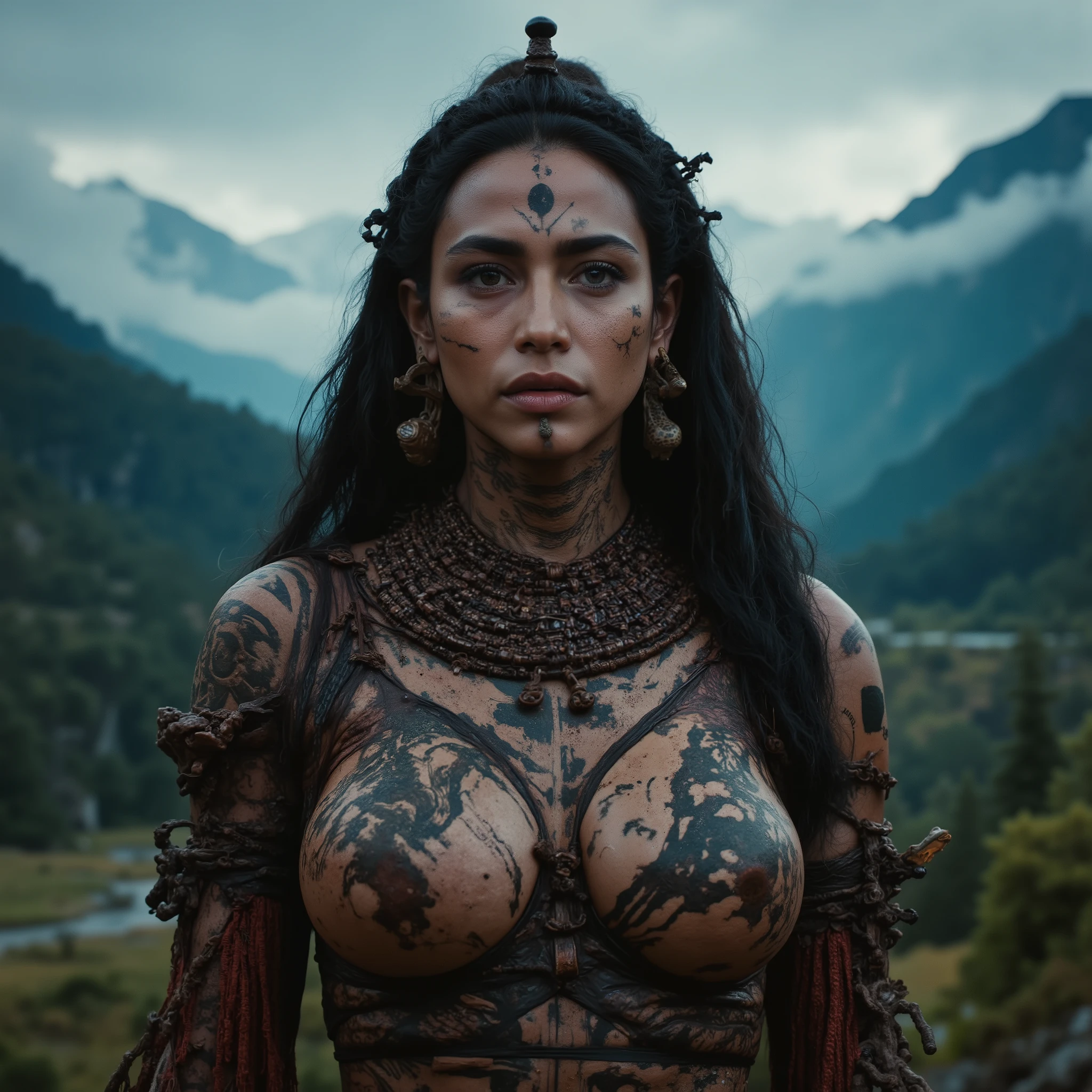 dreadlocks,tattoos,earrings,jewelry,earrings,dark skin,tribal style portrait,The Andes mountains, temperate forest, misty valley, cool ethereal atmosphere, an Incan goddess of the forest and wildlife, serene and all embracing presence, gorgeous, beautiful busty and athletic form, graceful feminine form, long black hair, large amber eyes, Incan dress, full body view, nightime, realistic details, detailed facial features, detailed clothing, detailed background, natural lighting, soft soothing moon light, depth of field, cinematic, raw, 8k hdr, masterpiece