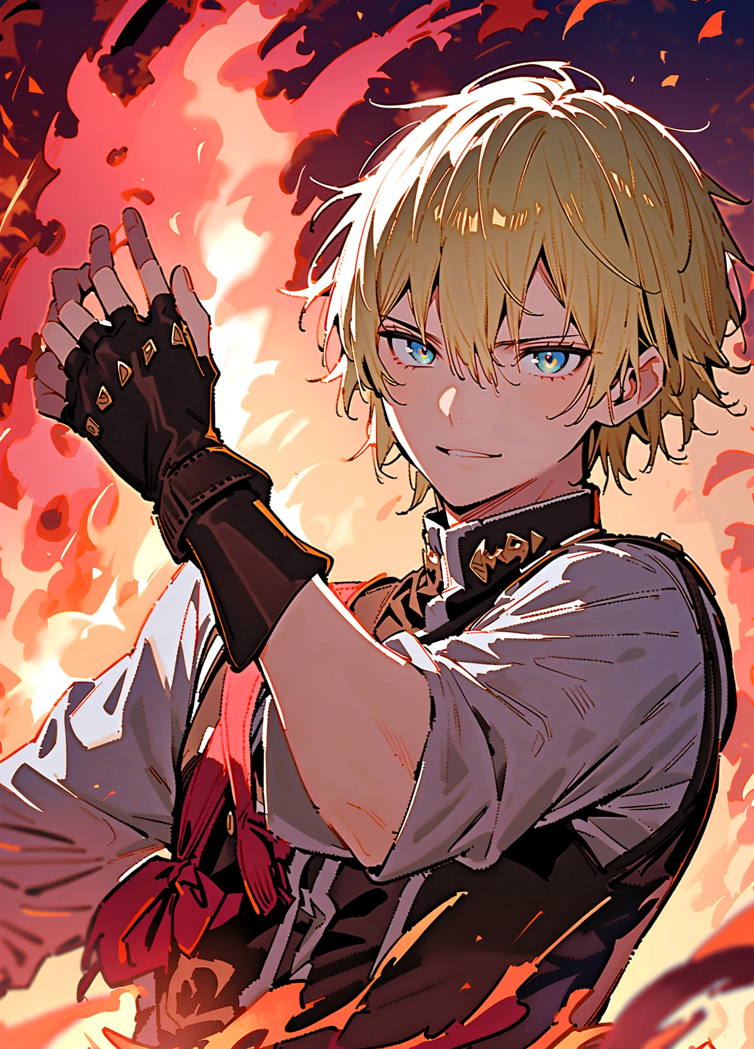 1boy, male focus, solo, upper body, blonde hair, gloves, fire, shirt, hair between eyes, fingerless gloves