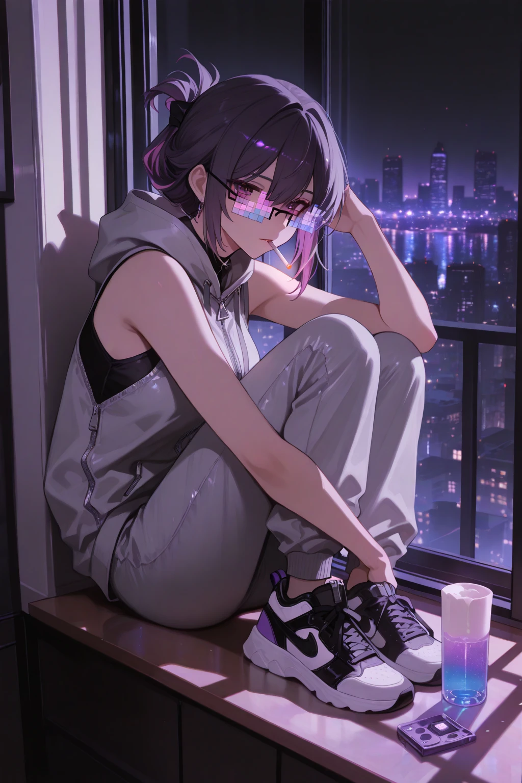 whole body, solo, alone, delicate  features, medium tits, medium hair, black hair, tearful mole, earring, tracksuit, shorts, bed,