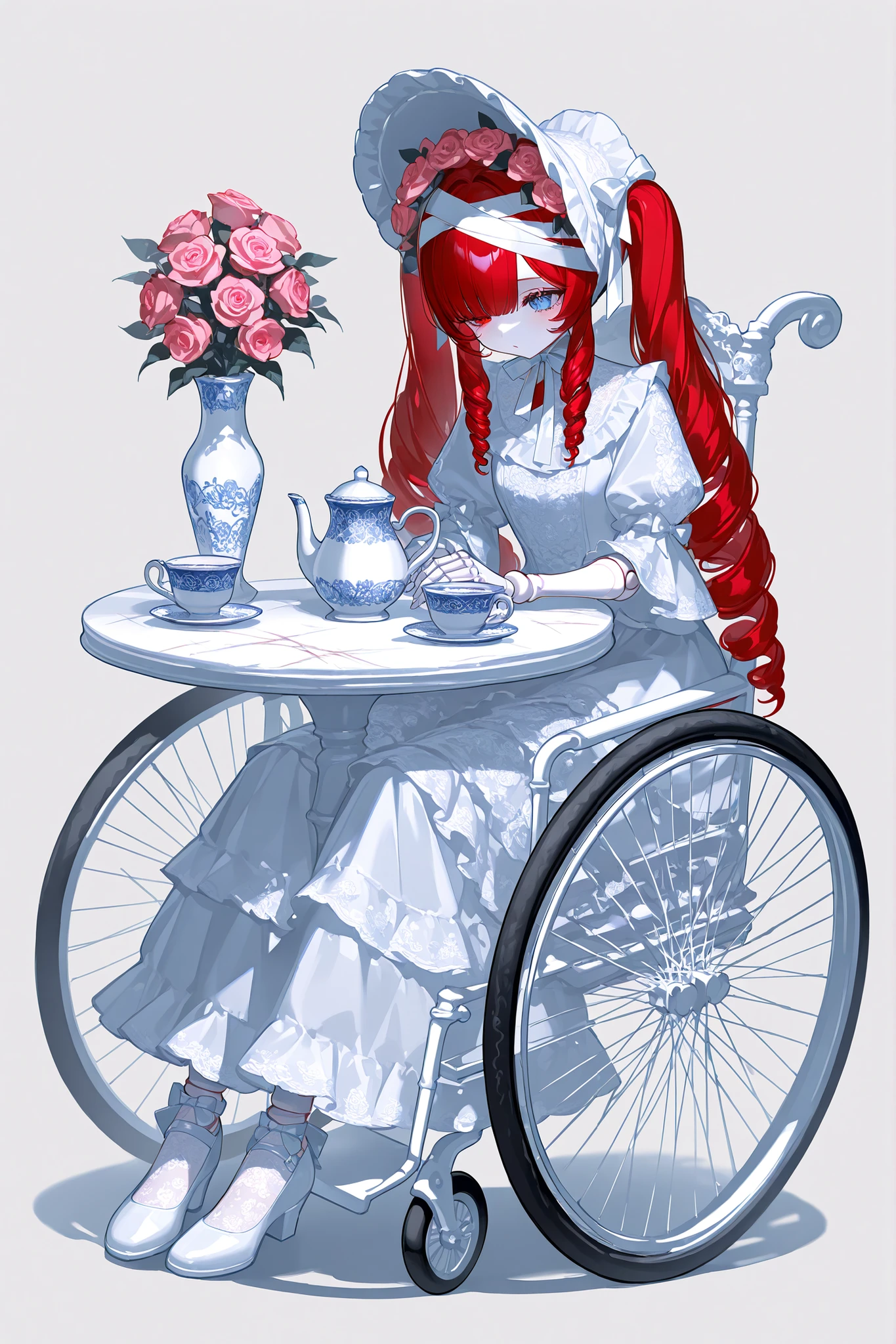 (xxx667_illu,doll joints,) Alive doll-girl, petite vintage cute porcelain articulated doll. Her body is made of white porcelain and  joints of her limbs are doll-like hinges. There's a crack marks on her porcelain face. She has scarlet red kinky hair is styled in two ringlets pigtails. She has heterochromia(one eye is blue the other eye is yellow). She wearing snow-white long lace puffy Lolita's dress with bows and  pink roses, lace stockings with garters , mary jane shoes with bows. she wearing silk lace white gloves. She wears a snow-white  bonnet with pink roses and bows on her head. She has bandages on her hips. She is sitting. (On The Background: Rose garden and gazebo. inside a vintage wheelchair, and table with a cups with tea, a teapot, a vase with roses on it.)