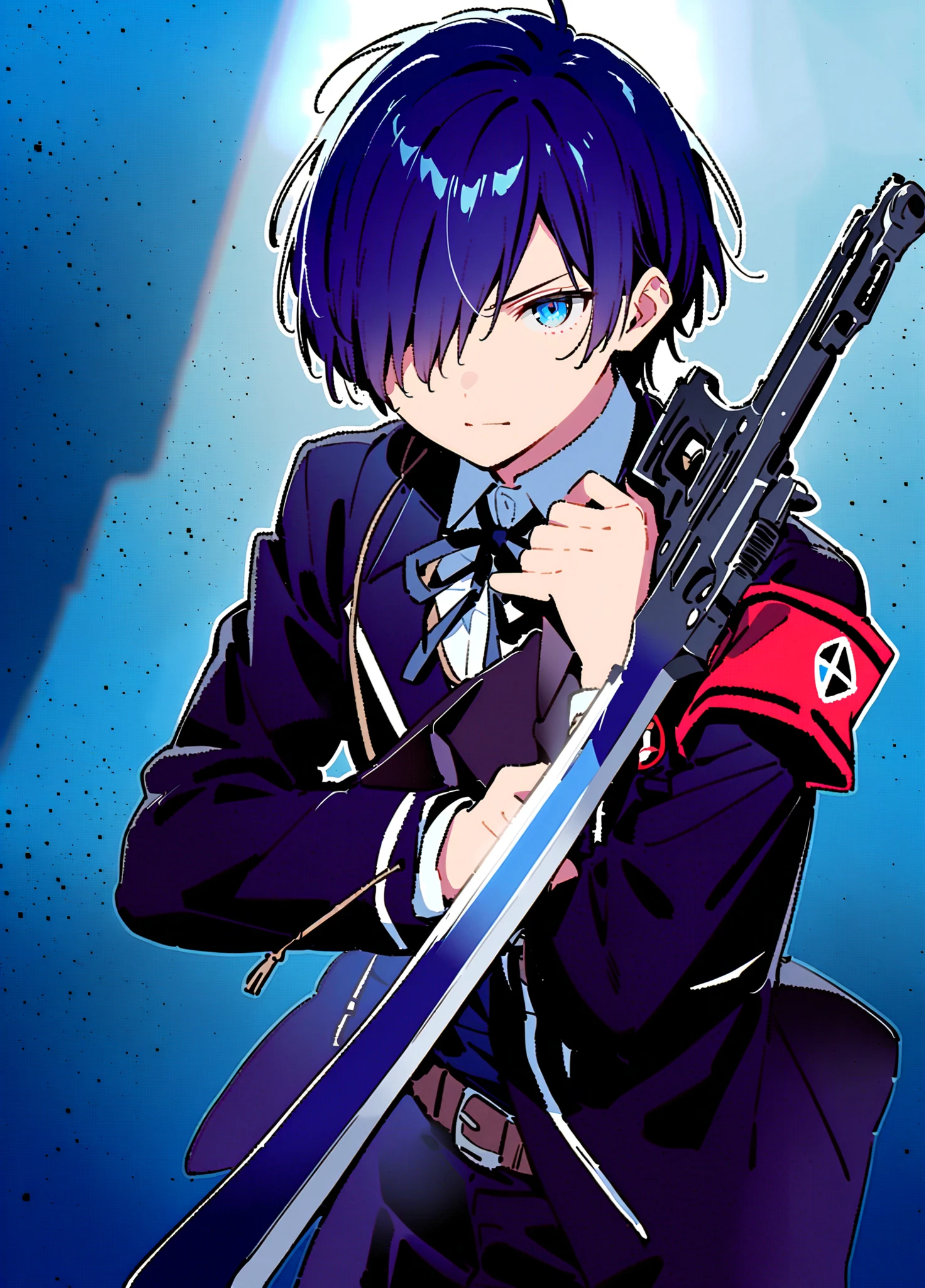 1boy, yuuki makoto, male focus, gekkoukan high school uniform, solo, blue hair, weapon, school uniform, sword, blue eyes, hair over one eye, gun, holding, armband, holding weapon, headphones, ribbon, holding sword, holding gun, jacket, blue theme