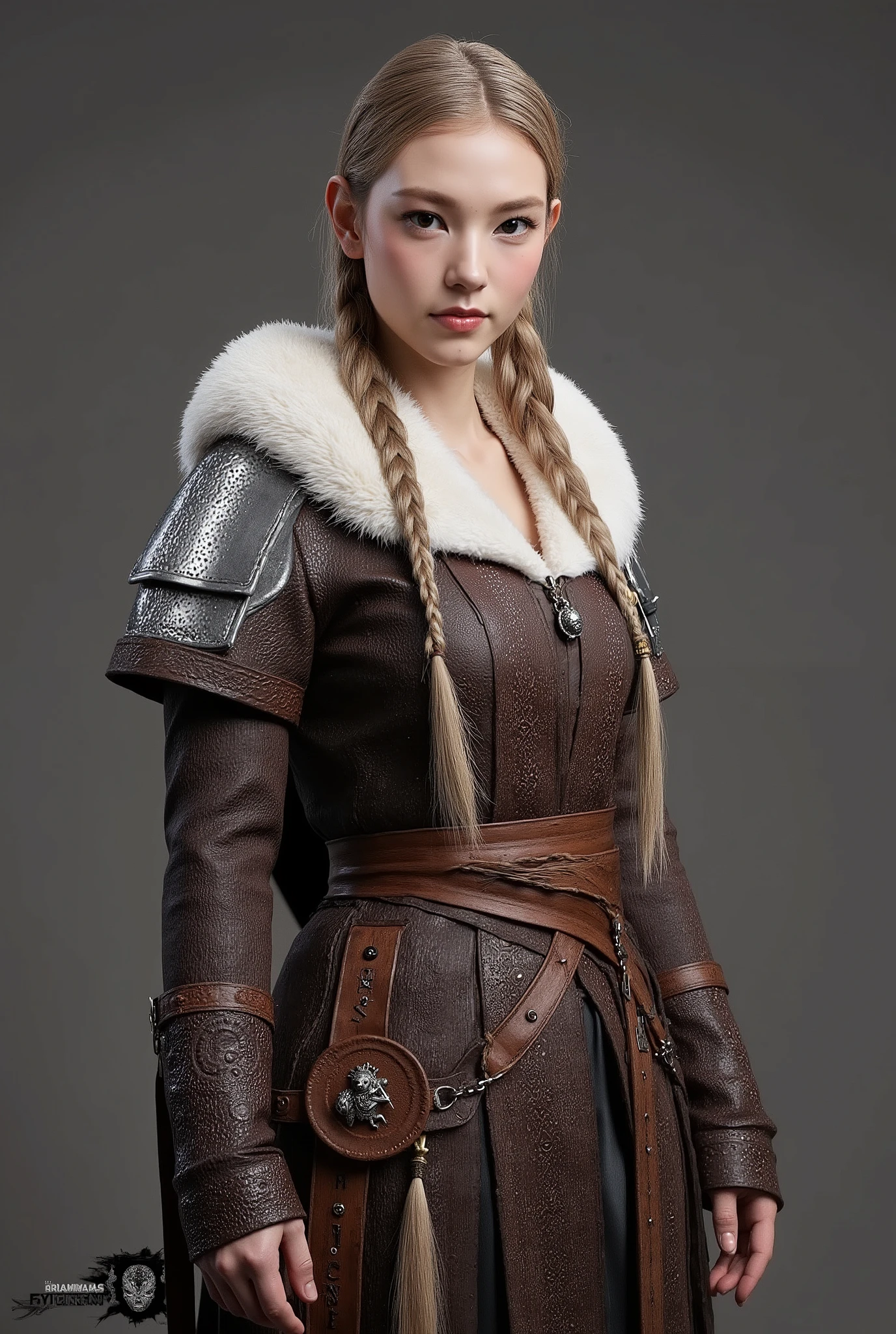 skin de Viking feminina do PUBG Mobile: leather and skin warrior armor, Intricate Norse rune decorations, Hair braided with iron ornaments, Frost-Touched Cape, steel shoulder plates, Battle-ready cinematic PUBG design."