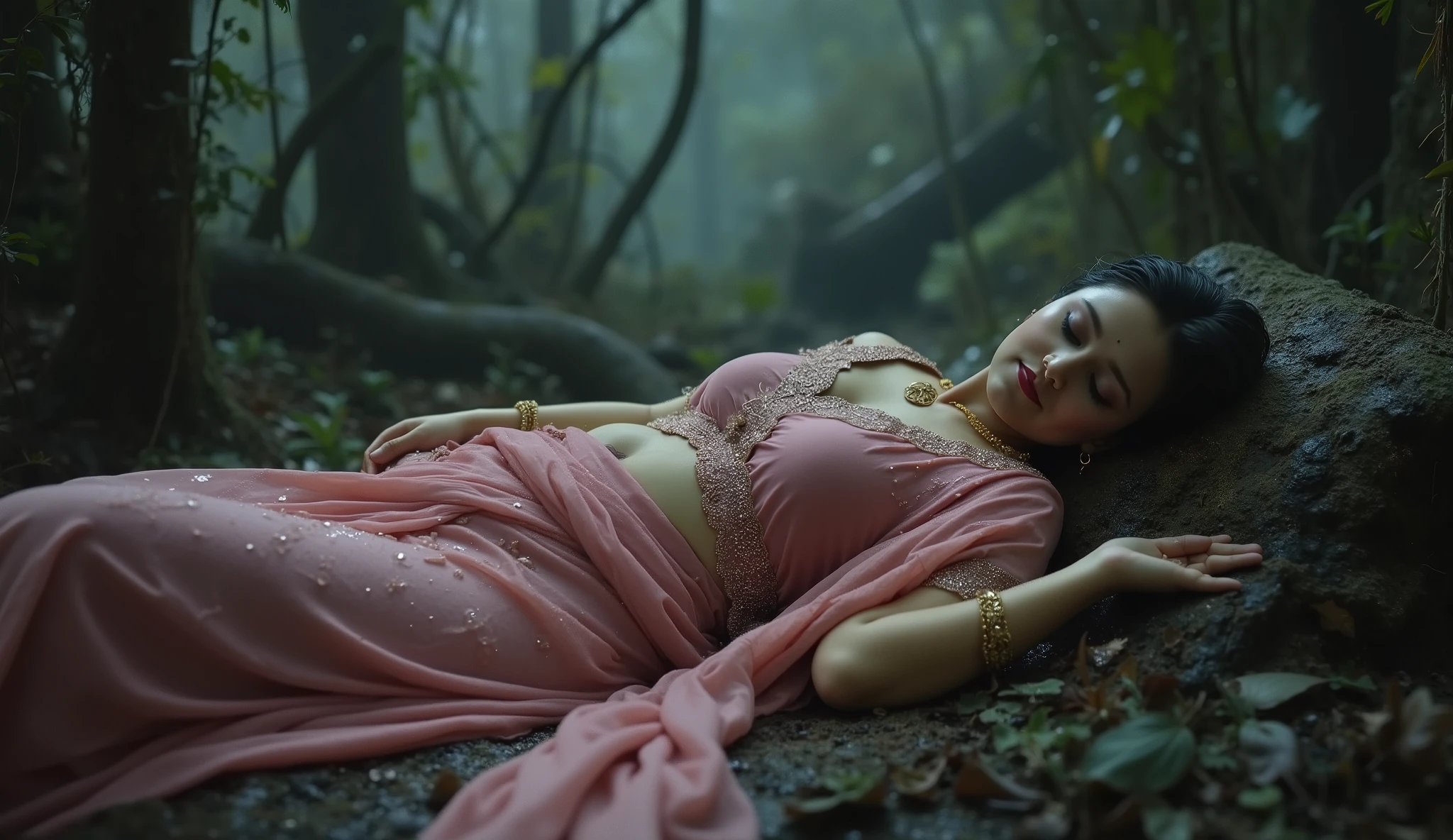 Full hd elegant picture of princess wearing wet pink saree and wet half sleeves pink blouse sleeping in the scary forest full picture