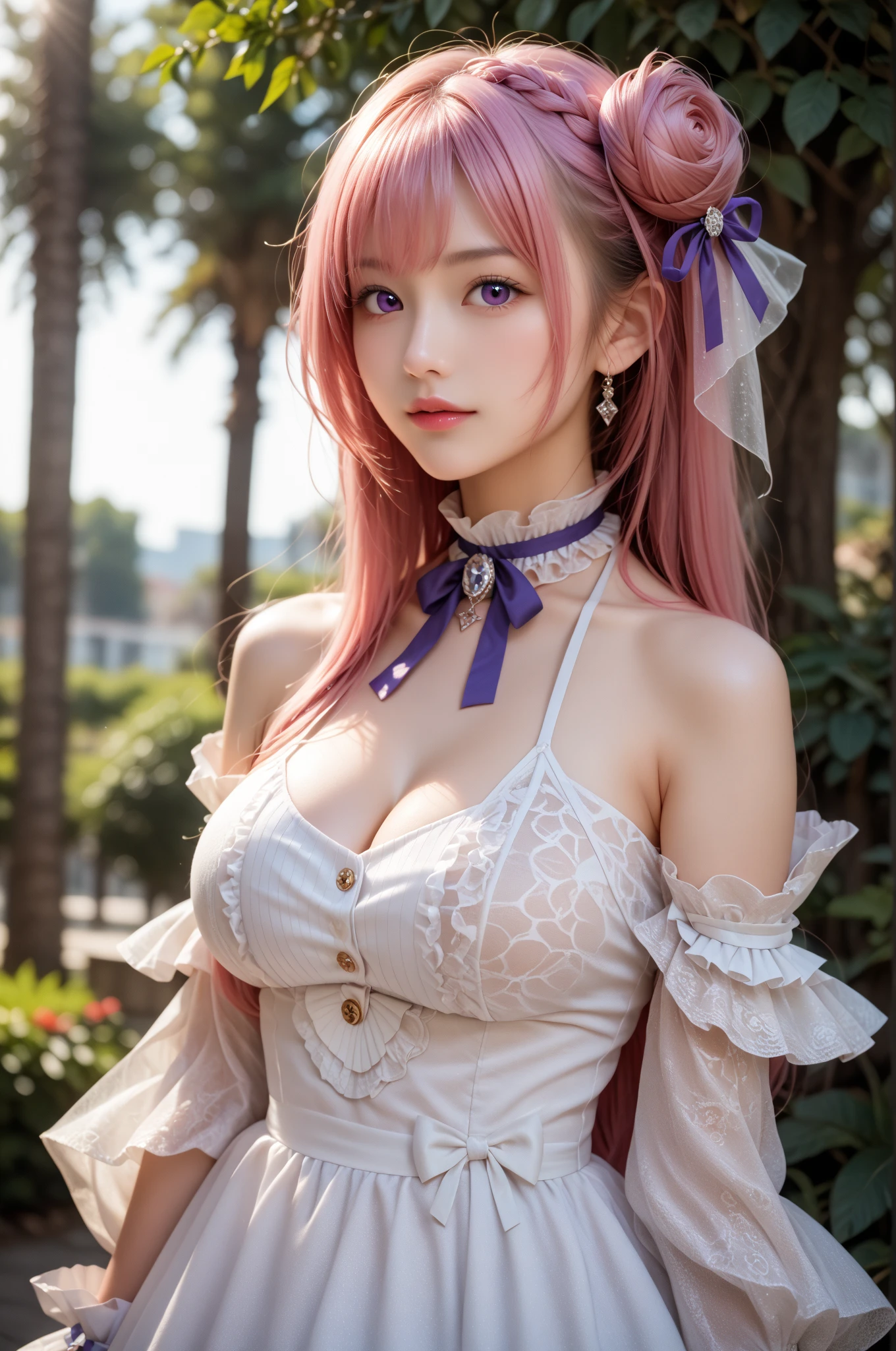 (????), ???? stylish Swedish model, only 1 female, ((doll-like appearance)), short neon pink stylish hair, ((shiny Victorian-Style boots)), (big smile), ultra detailed eyes, vivid eye makeup, lip-gloss, long lashes, defined eyebrows, ((???? Paradise Kiss cosplay)), bell-shaped skirt, petticoats, high neckline, puffed sleeves, ((ultra detailed lace)), ((ultra detailed embroidery)), intricate details, Paradise Kiss accessoires and matching headpiece, choker, ((large sparkling Paradise Kiss jewelry)), cinematic light, detailed large park background with trees