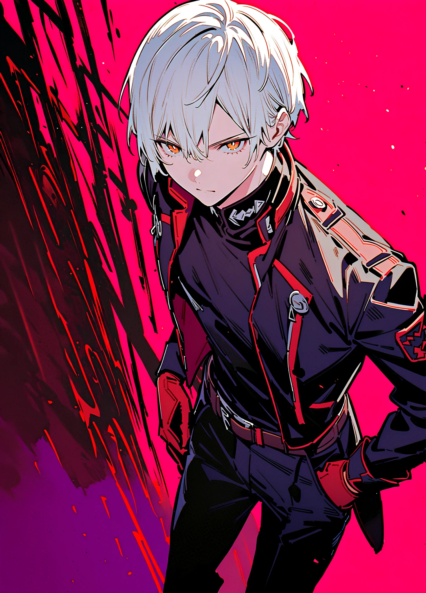 1boy, solo, male focus, white hair, jacket, pants, belt, looking at viewer, red theme, open jacket, long sleeves, gloves