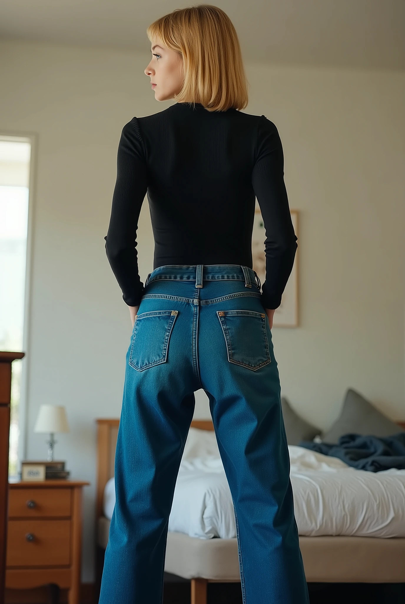 tgnd,exceptionally tall girl, youthful, towering above viewer, girl next door vibes, blonde hair, straight mid-length bob, middle part, no makeup, vivid striking blue eyes, tight form-fitting fine ribbed black longsleeve crew-neck top, tucked into very high-waisted blue denim jeans, jeans in strong vivid blue color, fitted at waist and hips, straight wide legs, square-shaped back pockets clearly visible, full body shot, rear view, body facing away from viewer, visual focus on her buttocks, dominant authoritative stance, legs apart, squared shoulders, strong posture, she glances slightly over her shoulder, stern commanding expression, strict intense gaze, piercing eye contact, youthful bedroom interior, bedroom furnishings clearly visible, proportional scale emphasizes her exceptional height as she towers over the furniture, low camera angle, photorealistic, high detail, realistic lighting, cinematic atmosphere, imposing presence