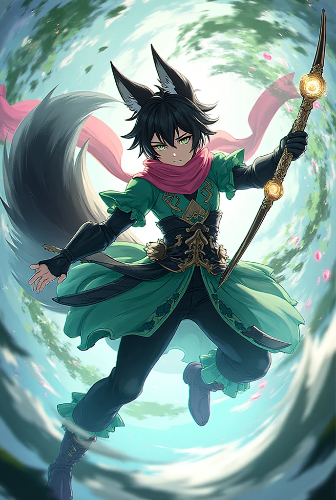 tighnari (genshin impact) (masterpiece, best quality), 1man, solo, black hair with green streak, black fox ears, big animal ears, fullbody shot. standing in a dangerous forest ( art by hermann nitsch, zdzislaw beksinski, dariusz zawadzki, giger)