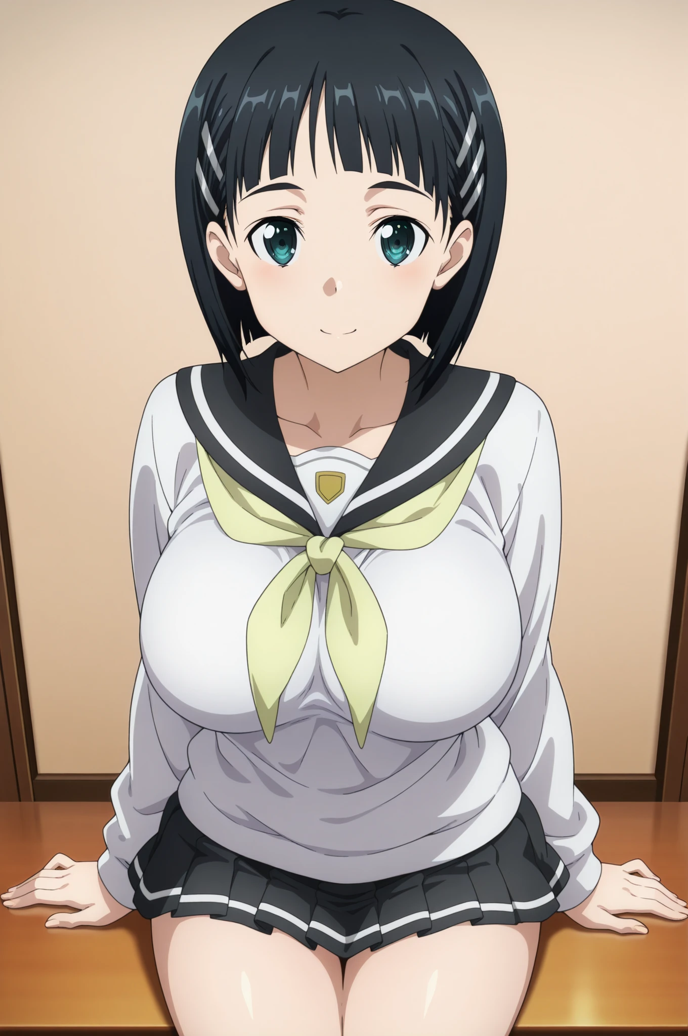 (ソードアートオンラインのanime作画:1,4),Ultimate Masterpiece,top quality next to viewers,{{detailed and beautiful face and eyes}}, Highly Detailed Background,anime,
(Kirigaya suguha),short hair,bob cut,black hair,hair clip,green eyes,(Big Breasts),younger sister,
uniform,healthy thighs,Sexy body type,