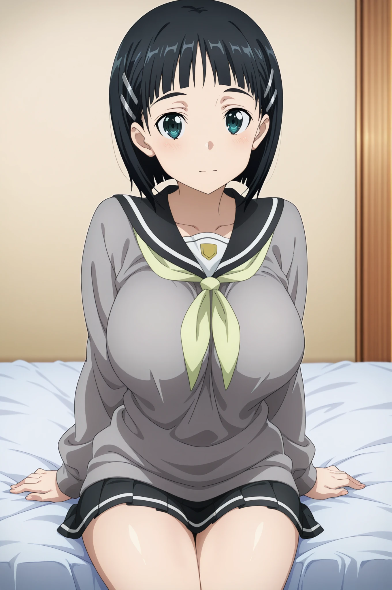 (ソードアートオンラインのanime作画:1,4),Ultimate Masterpiece,top quality next to viewers,{{detailed and beautiful face and eyes}}, Highly Detailed Background,anime,
(Kirigaya suguha),short hair,bob cut,black hair,hair clip,green eyes,(Big Breasts),younger sister,
uniform,healthy thighs,Sexy body type,
