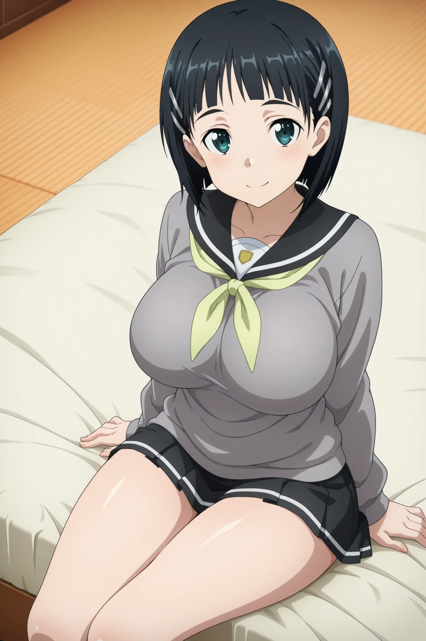 (ソードアートオンラインのanime作画:1,4),Ultimate Masterpiece,top quality next to viewers,{{detailed and beautiful face and eyes}}, Highly Detailed Background,anime,
(Kirigaya suguha),short hair,bob cut,black hair,hair clip,green eyes,(Big Breasts),younger sister,
uniform,healthy thighs,Sexy body type,