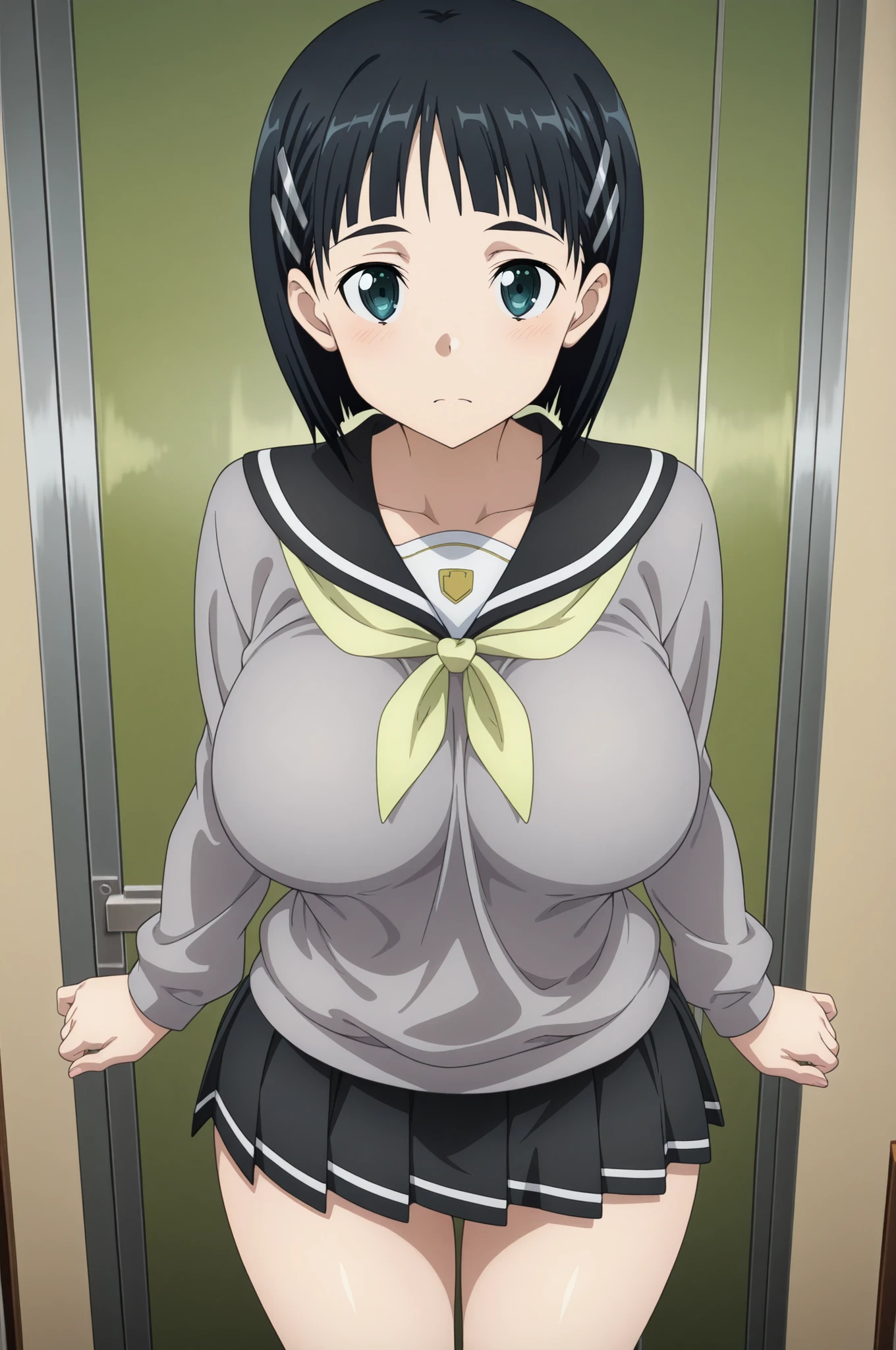 (ソードアートオンラインのanime作画:1,4),Ultimate Masterpiece,top quality next to viewers,{{detailed and beautiful face and eyes}}, Highly Detailed Background,anime,
(Kirigaya suguha),short hair,bob cut,black hair,hair clip,green eyes,(Big Breasts),younger sister,
uniform,healthy thighs,Sexy body type,