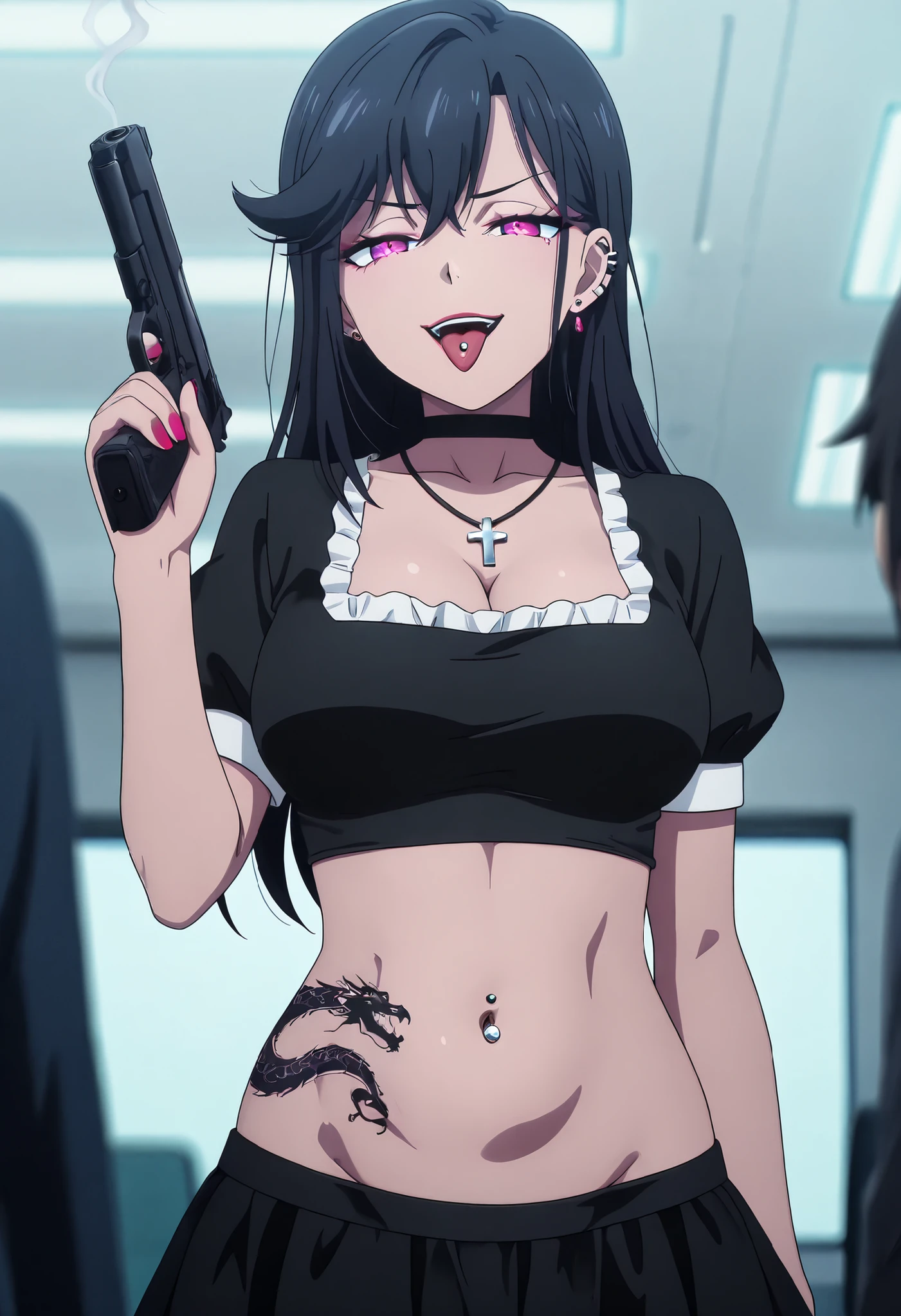 masterpiece, best quality, amazing quality, depth of field, long hair, black hair, purple eyes, , nail polish , , makeup , ear piercing , long hair , lipstick , Hot girl , baddie , smoking , sensual , attractive , choker , cross necklace ,,tongue piercing , tongue out , open mouth, jewelry, earrings, complex detailed background, casino environment, fancy interior environment, rich interior, masterpiece, best quality, highly detailed, a girl in maid uniforms, holding pistol, maid outfit, cleavage, evil smile, smile, open mouth ,official artwork, () , beautiful maid girl, , micro skirt, exposed belly, exposed navel, exposed midriff, exposed lower belly, holding a gun, navel piercing ,medium , dragon tattoo on waist, narrowed eyes, tattoo on waist, anipai_style , anime screencap , anime coloring, v-shape eyebrows,,,