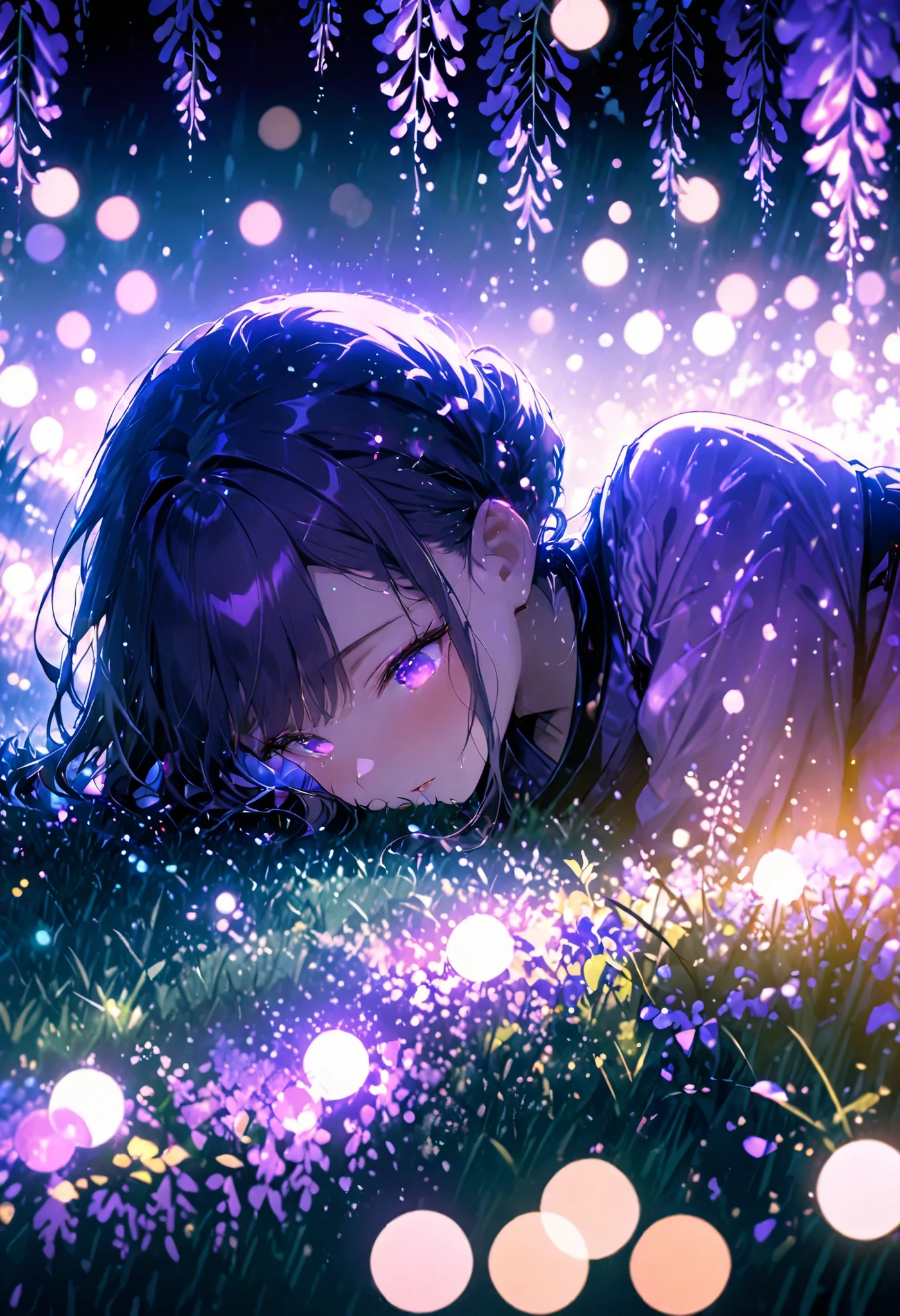 16 kg、8k、32K、Hazy moon、Out of focus highlights of The Woman in the Purple Kimono 、look down、wisteria、Green Grass、night、moonlight、masterpiece, Highest Quality, Highly Detailed CG Unity 8K Wallpaper, Bokeh Photo, (Soft Focus):1.2, Out of Focus Highlights, dreamy atmosphere, Shining circle, Fascinating Depth, letter border depth