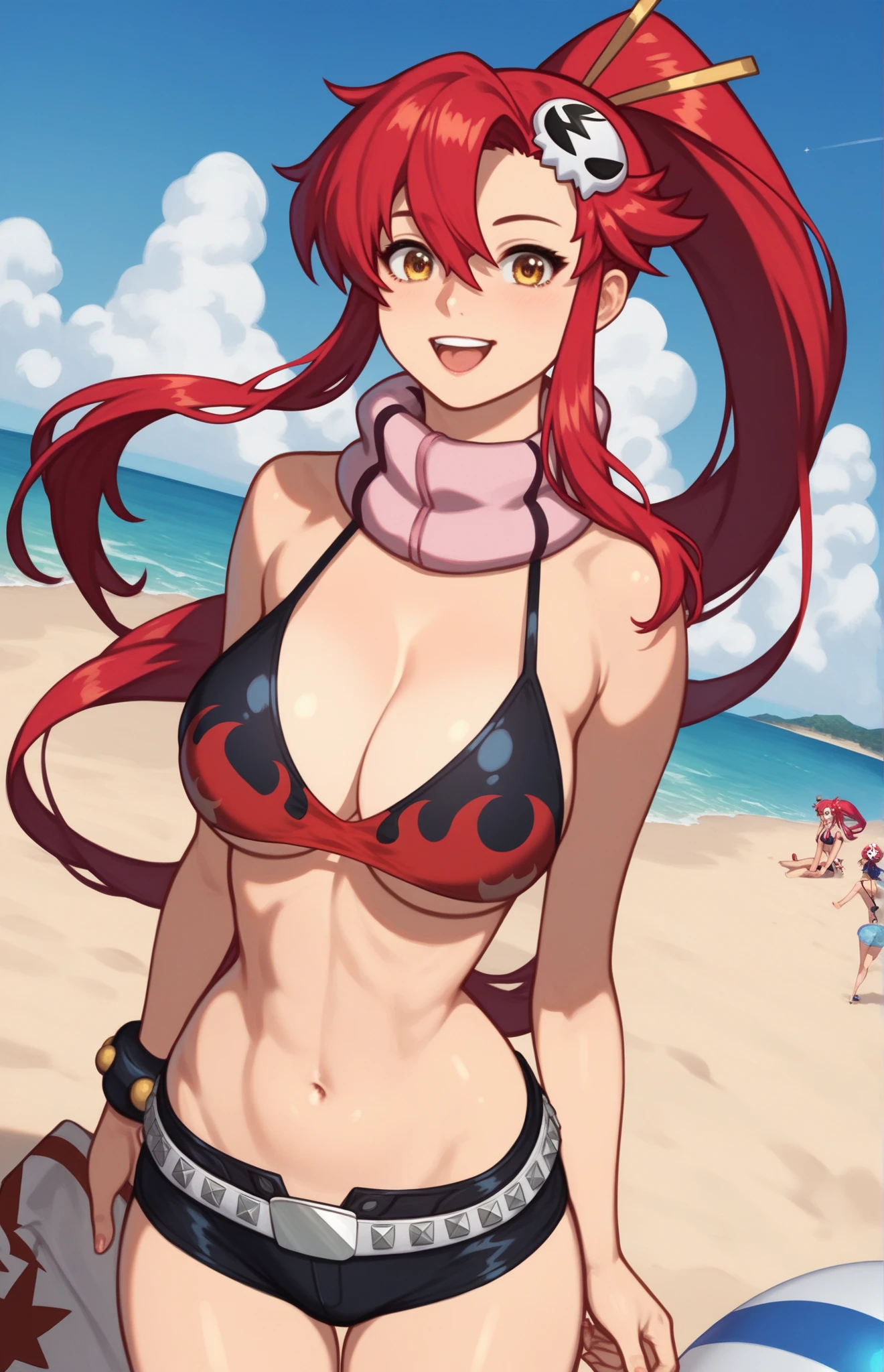 Twintail, red haired, 1girl, grey eyes, tall, well toned, well built, muscled, toned muscles, red highlights, pigtails, beach, , black , pov, sit, looks at the viewer, , blushing, sweating, (Jillin' off:1.2), stockings, (ahego:1.5) ,At school, frontal, black short skirt, bag, smiling, abusive, super detailed, 4k, (black lingerie:1.5)
