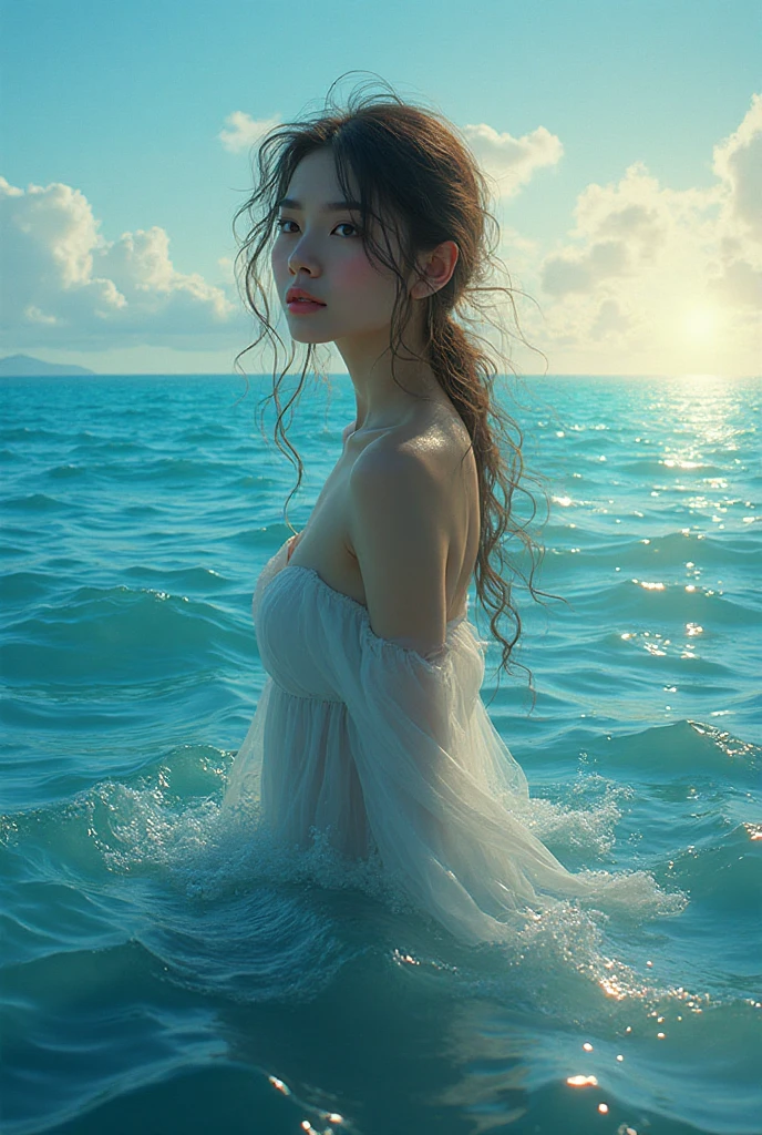 a beautiful woman with long brown hair, delicate  features, and a serene expression standing on a sandy beach, wearing a white pinafore dress, waves crashing in the background, vibrant blue sky with wispy clouds, warm golden sun lighting the scene, highly detailed, photorealistic, 8k, cinematic lighting, atmospheric, intricate details