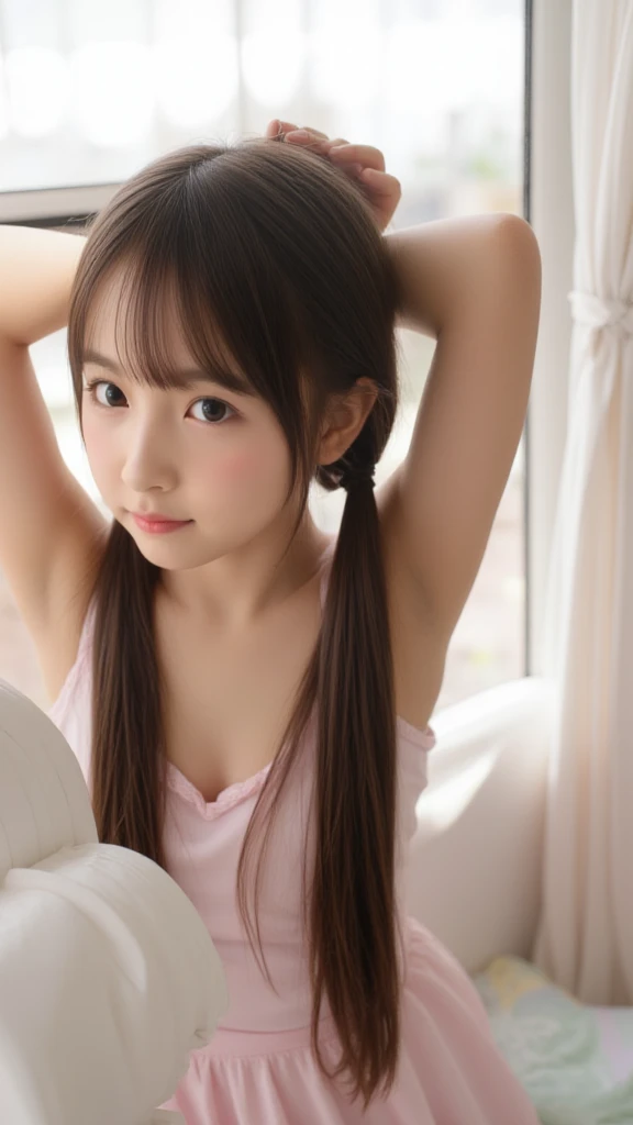 1 belldandy nubile juvenile junior idol bookworm girl wearing hairclip cute lovable adorable tiny youthful innocent perky zellweger face middle-school girl energetic, loose hair, shy smile, exposed supple budding , unique face, blacke hair, jav actress, , immature, childish, acting super shy, delicate, weak, loving romantic vibes, in love, small short height, preparing for , dwarf girl noble queen short slim legs, mischievous, soft babyfaced gentle happy looking face, carefree, unblemished skin, otaku student president, grin, braids hairstyle, naughty, teasing, awkward short girl, pitite lityle dainty diminutive, shougakusei shoujo, excited, hyperactive girl, tank top, mini short, small shoulders, slim arms, acting spoiled, sch0olgirl bangs, small , 10 years old fashion trendy beautiful beautiful beautiful girl, gentle and attractive beautiful girl, 10 years old, delicate and  collarbone, Attractive oval face, double eyelids, smart peach blossom eyes, pink lips, small nose,  shoulders, ultra high definition, super detail, fresh and impressive, smooth slim legs, ballerina body