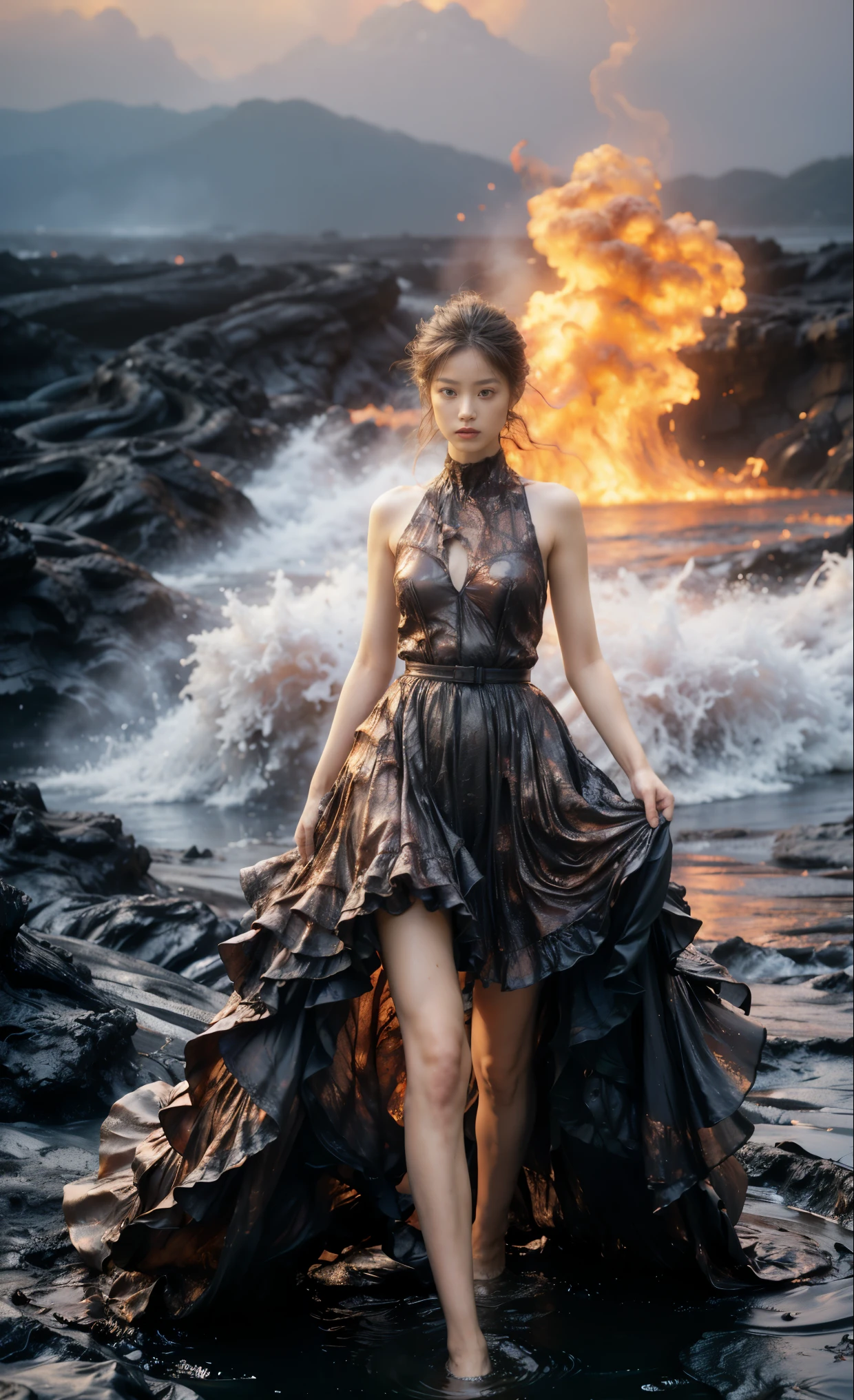 (8K, RAW photo, Best quality,Masterpiece:1.2),(Realistic, photo-realistic:1.37), 1girll,Long legs, full bodyesbian,(molten lava:1.3),Ocean,Dress made of roses,a volcano erupts,Magma flow,Infrared photography, 1.4x realism,UHD,textured skin,(anatomy correct,Accurate and perfect Korean female face,Golden ratio)