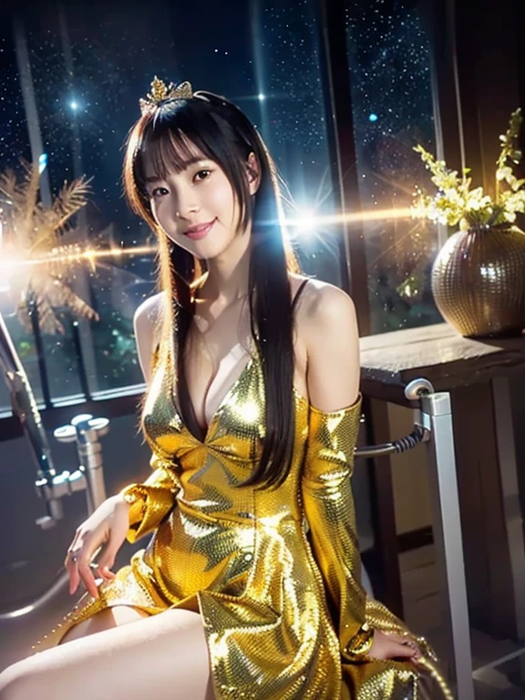 finest image, beautiful woman,  red satin long evening dress with wide open sides, black evening gloves, luxurious accessories, iridescent light brown braided bangs ponytail, sparkling big eyes, red alluring moist big thick lips, very small , slender, perfect proportion, background fantasy iridescent light glass crystal metal-plated stained glass room, that emits fantastic light, light particles, light sparkles, scatter gold and silver glitter and confetti, iridescent light particles, many falling petals, detailed and delicate depiction, professional lighting