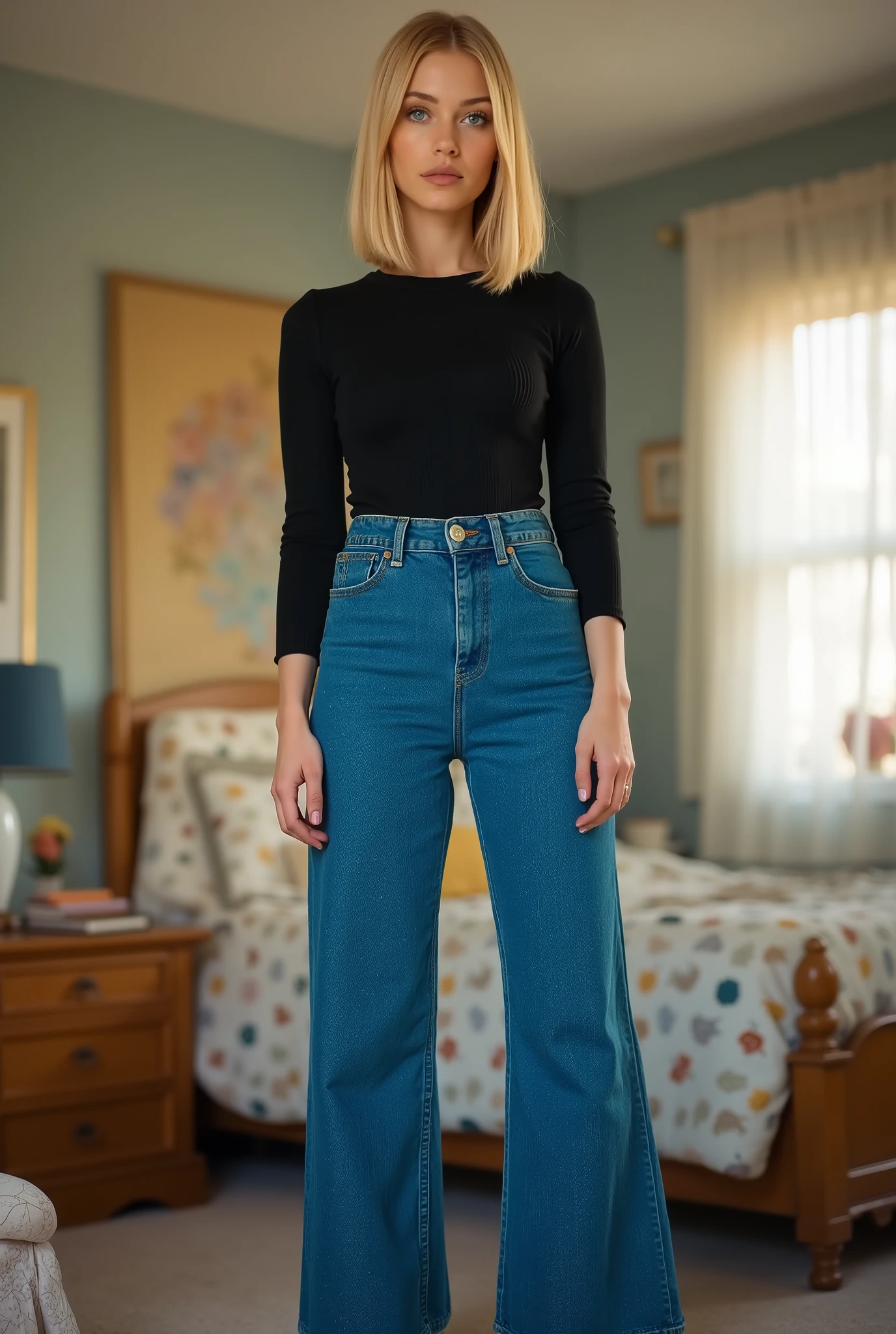 tgnd,exceptionally tall woman, youthful, towering above viewer, imposing vertical presence, long legs, elongated figure, girl next door vibes, blonde hair, straight mid-length bob, middle part, no makeup, vivid striking blue eyes, tight black ribbed longsleeve crew-neck top, tucked into very high-waisted vivid blue denim jeans, jeans in strong vivid blue color, fitted at waist and hips, straight wide legs, square-shaped front pockets, full body shot, front view, body facing directly toward viewer, dominant authoritative stance, legs apart, squared shoulders, strong posture, arms relaxed with controlled presence, stern commanding expression, strict intense gaze, piercing eye contact, youthful bedroom interior, bedroom furniture visible and appearing small in comparison, towering height emphasized by proportional size against furniture, low camera angle, photorealistic, high detail, realistic lighting, cinematic atmosphere, imposing presence