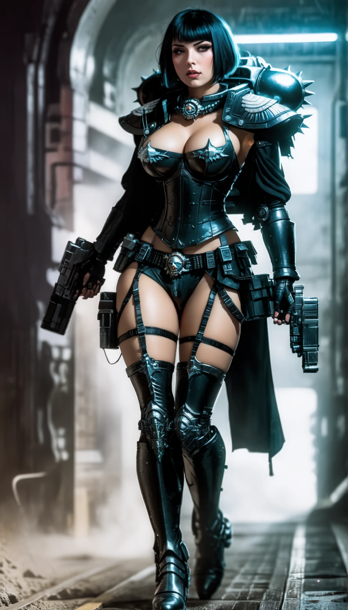 Important (military uniform, bloodborn coat, detective, warhammer 40 000 theme, battle sister, space marine armor, very wide hips, thicc lower body, big breast):
Scene (space ship corridor):
Character Face ( focused, red chicks, glowing pupils, make up, augmentations on right side, tatto on left side):
Character Body (oiled skin, sweat skin, huge tits busting out from metal bra, neon glowing electric rings, neon glowing electric collar, wide hips huge ass, thicc legs, big, ass cheeks, hips trapezoidal, big butt, wide hips, thin waist):
Character Hair (bob, black hair):
Character Clothes (long coat, gun in hand, tight beige leggins, commissioner long coat, zippers belts, garter belt, high heeled tight high boots on the ground, stockings, micro thongs, steel chest armor):
Character Action (walking with butt plug):
View (full body):
Scene light (strong, lighting, emphasizing curves):
Color tones (rich and vibrant colors, warm tones, saturated, contrasted):
Image quality (illustration, photography, 8k, super detail, best quality, 8k, high details, anatomically correct, masterpiece, highres, best quality, award winning, high quality, high details, super detail, erotic art, pin-up, glamour, fine art photography):