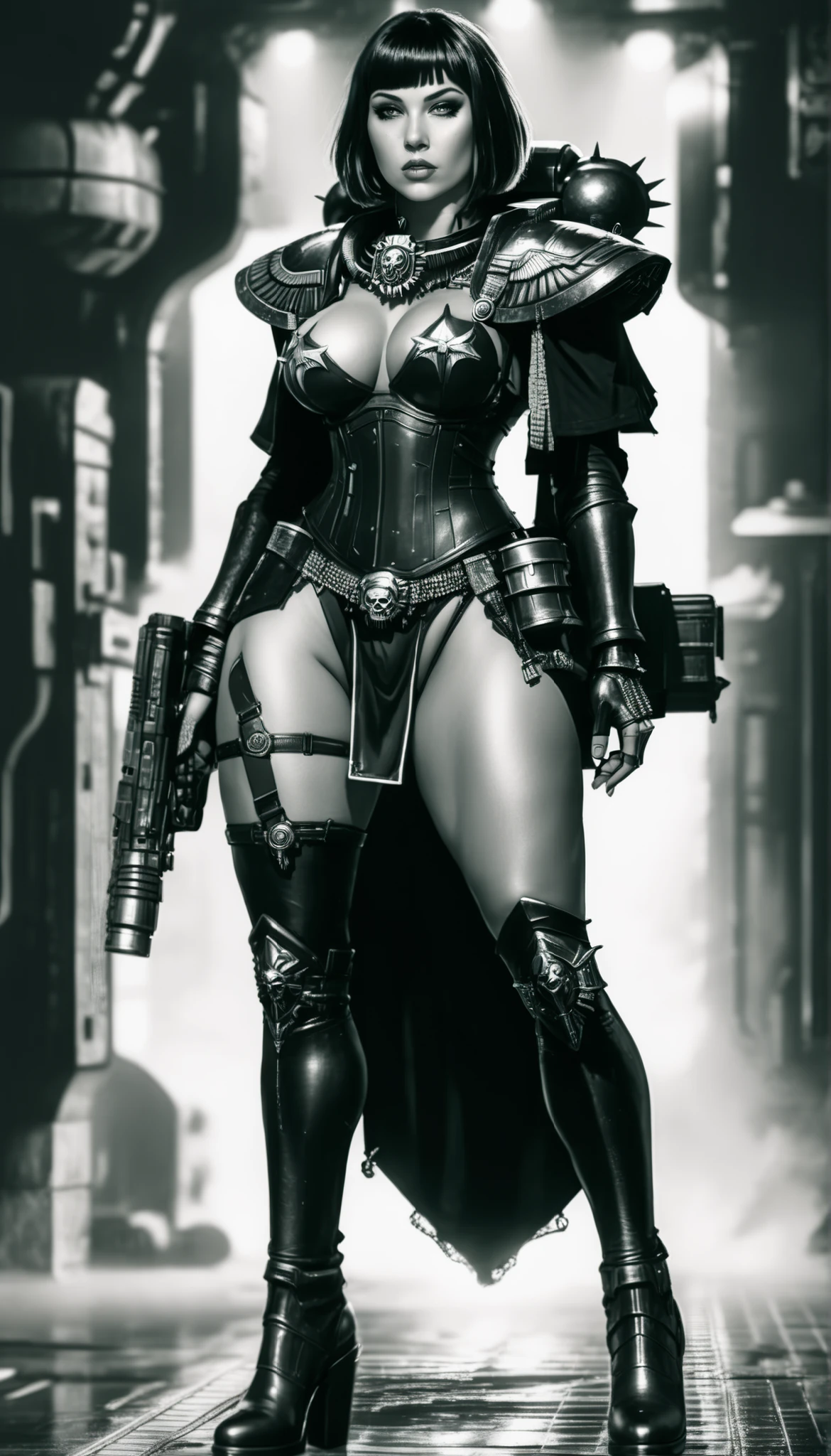 Important (military uniform, bloodborn coat, detective, warhammer 40 000 theme, battle sister, space marine armor, very wide hips, thicc lower body, big breast):
Scene (space ship corridor):
Character Face ( focused, red chicks, glowing pupils, make up, augmentations on right side, tatto on left side):
Character Body (oiled skin, sweat skin, huge tits busting out from metal bra, neon glowing electric rings, neon glowing electric collar, wide hips huge ass, thicc legs, big, ass cheeks, hips trapezoidal, big butt, wide hips, thin waist):
Character Hair (bob, black hair):
Character Clothes (long coat, gun in hand, tight beige leggins, commissioner long coat, zippers belts, garter belt, high heeled tight high boots on the ground, stockings, micro thongs, steel chest armor):
Character Action (walking with butt plug):
View (full body):
Scene light (strong, lighting, emphasizing curves):
Color tones (rich and vibrant colors, warm tones, saturated, contrasted):
Image quality (illustration, photography, 8k, super detail, best quality, 8k, high details, anatomically correct, masterpiece, highres, best quality, award winning, high quality, high details, super detail, erotic art, pin-up, glamour, fine art photography):