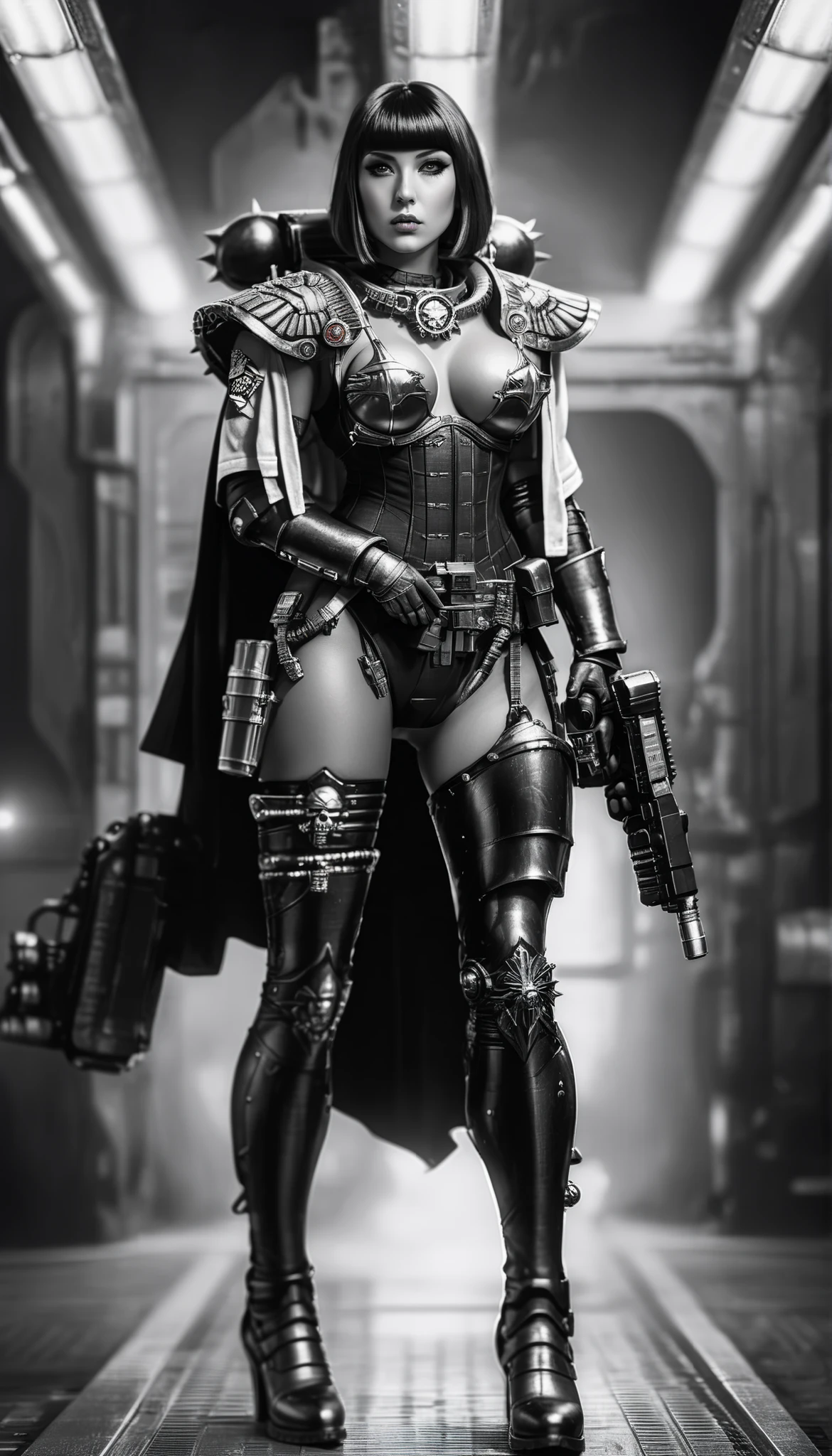 Important (military uniform, bloodborn coat, detective, warhammer 40 000 theme, battle sister, space marine armor, very wide hips, thicc lower body, big breast):
Scene (space ship corridor):
Character Face ( focused, red chicks, glowing pupils, make up, augmentations on right side, tatto on left side):
Character Body (oiled skin, sweat skin, huge tits busting out from metal bra, neon glowing electric rings, neon glowing electric collar, wide hips huge ass, thicc legs, big, ass cheeks, hips trapezoidal, big butt, wide hips, thin waist):
Character Hair (bob, black hair):
Character Clothes (long coat, gun in hand, tight beige leggins, commissioner long coat, zippers belts, garter belt, high heeled tight high boots on the ground, stockings, micro thongs, steel chest armor):
Character Action (walking with butt plug):
View (full body):
Scene light (strong, lighting, emphasizing curves):
Color tones (rich and vibrant colors, warm tones, saturated, contrasted):
Image quality (illustration, photography, 8k, super detail, best quality, 8k, high details, anatomically correct, masterpiece, highres, best quality, award winning, high quality, high details, super detail, erotic art, pin-up, glamour, fine art photography):