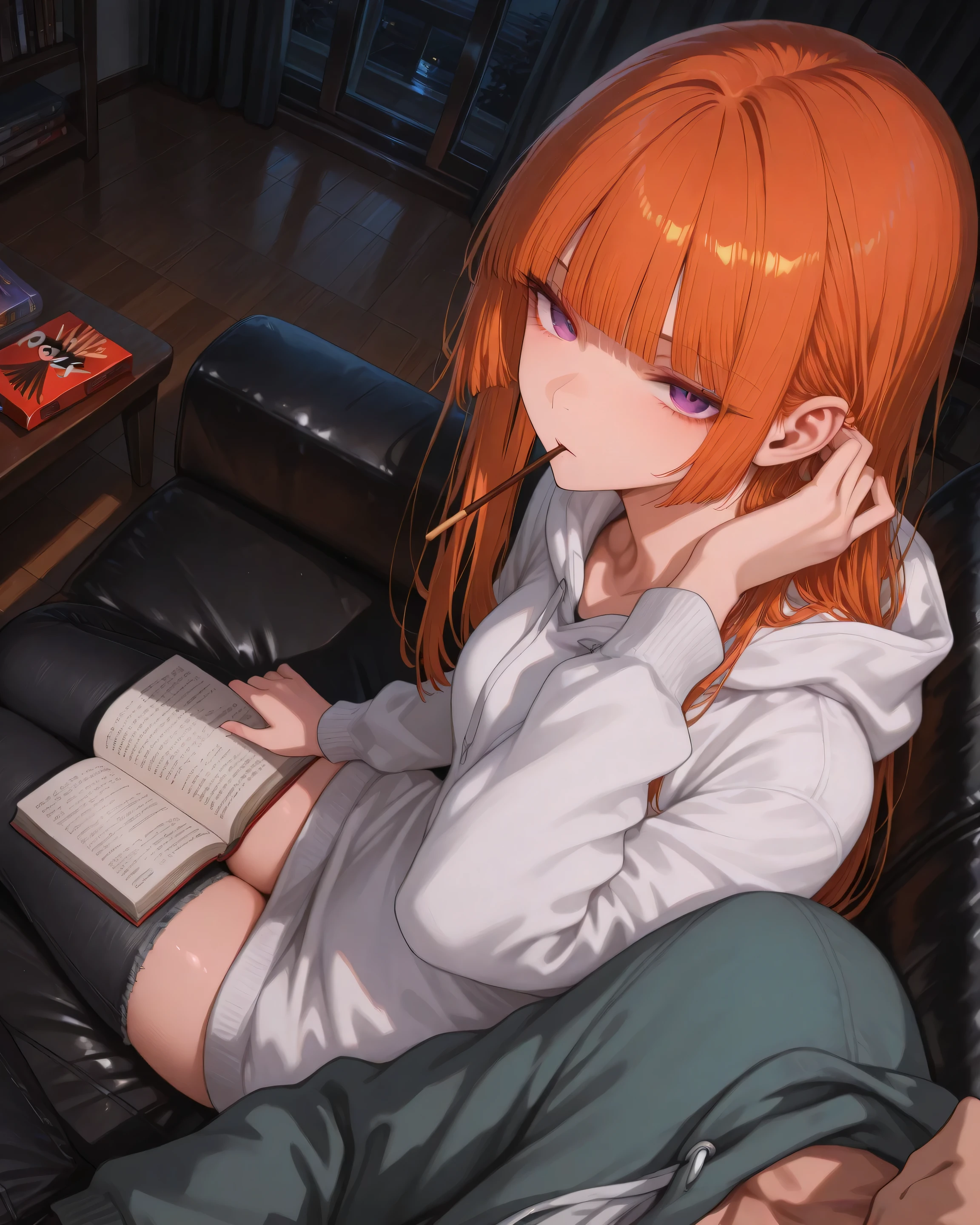 Girl, adult, straight hair, hime cut, long hair, orange hair, purple eyes, fit curvy thighs, fit curvy hips, small breasts, tall, skinny, detailed eyes, solo, detailed face, detailed body, detailed room, living room, looking at viewer, sitting, on black couch, calm, indifferent, night, detailed eyes, detailed image, white oversized hoodie, black jeans, side angle, Pocky in mouth, hand holding book, reading, hand tucking hair behind ear, side by side POV, POV male